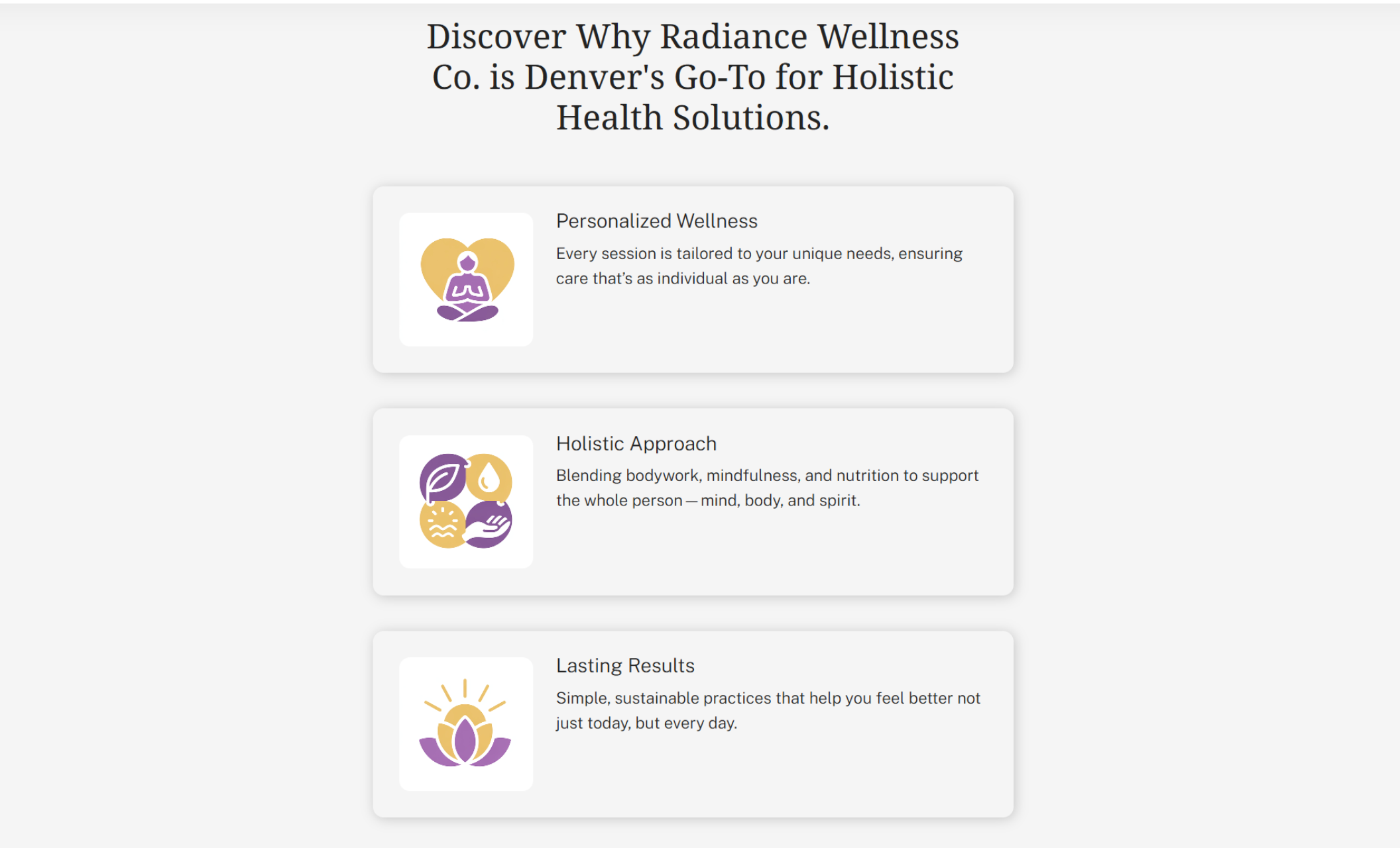 Radiance Wellness Co. gallery section displaying yoga, massage, acupuncture, and meditation images under the headline “From Soothing Spaces to Healing Touch—A Look Inside Radiance Wellness Co.” with supporting text about creating a balanced environment