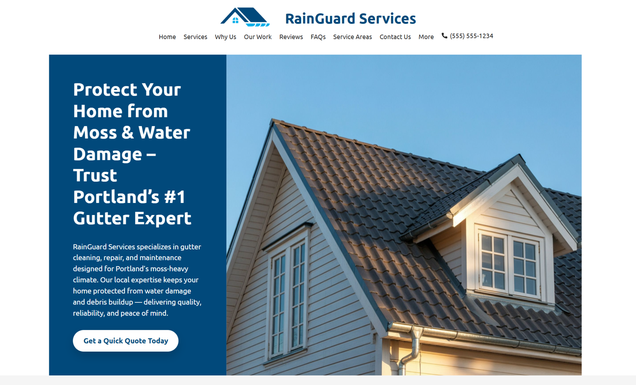 RainGuard Services homepage featuring a house roofline at sunset with the headline “Protect Your Home from Moss & Water Damage — Trust Portland’s #1 Gutter Expert” beside a blue button that says “Get a Quick Quote Today.”
