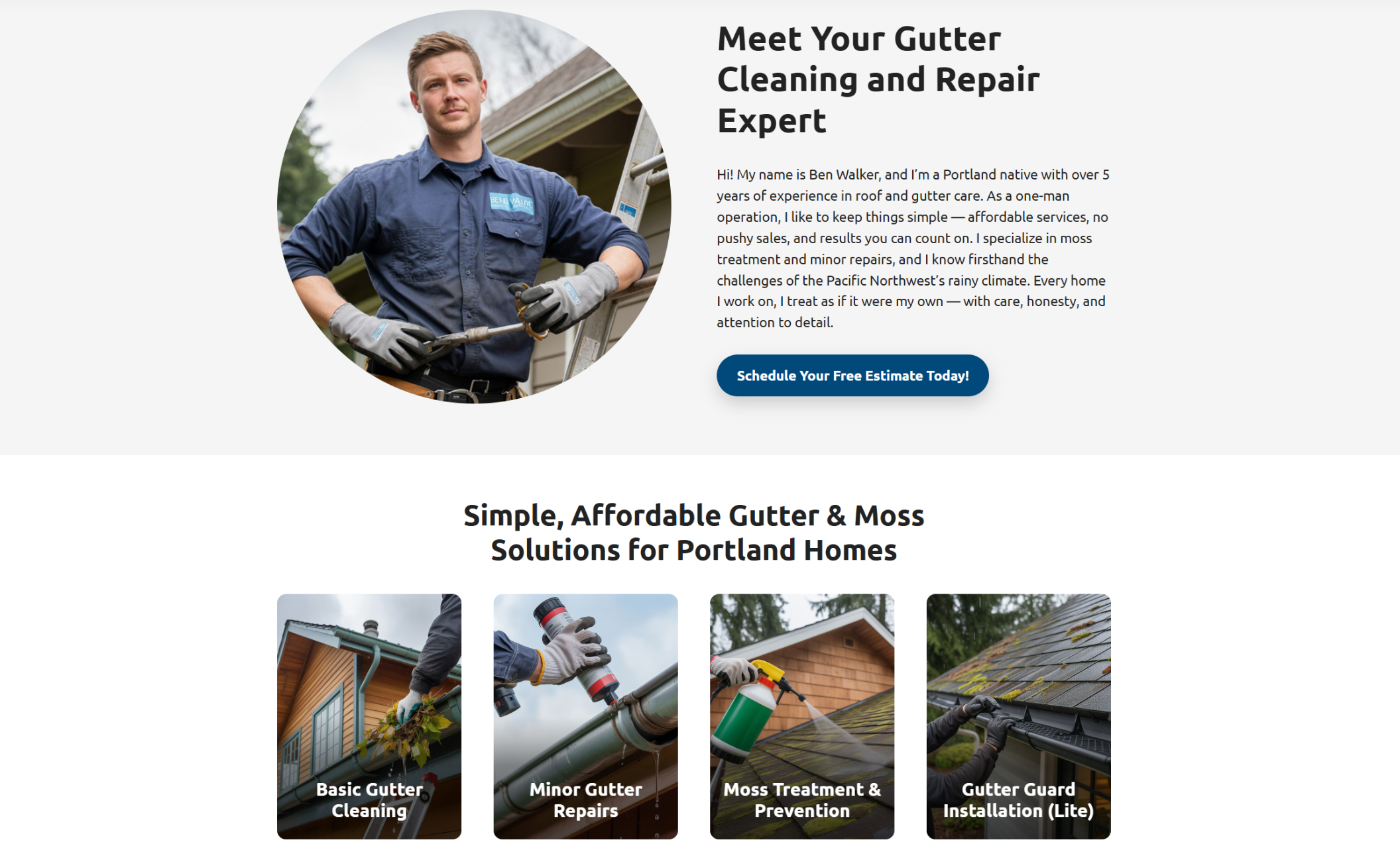 RainGuard Services about section showing a portrait of owner Ben Walker in uniform holding gutter tools, paired with text introducing him as a Portland native expert and a bright blue button that says “Schedule Your Free Estimate Today.”