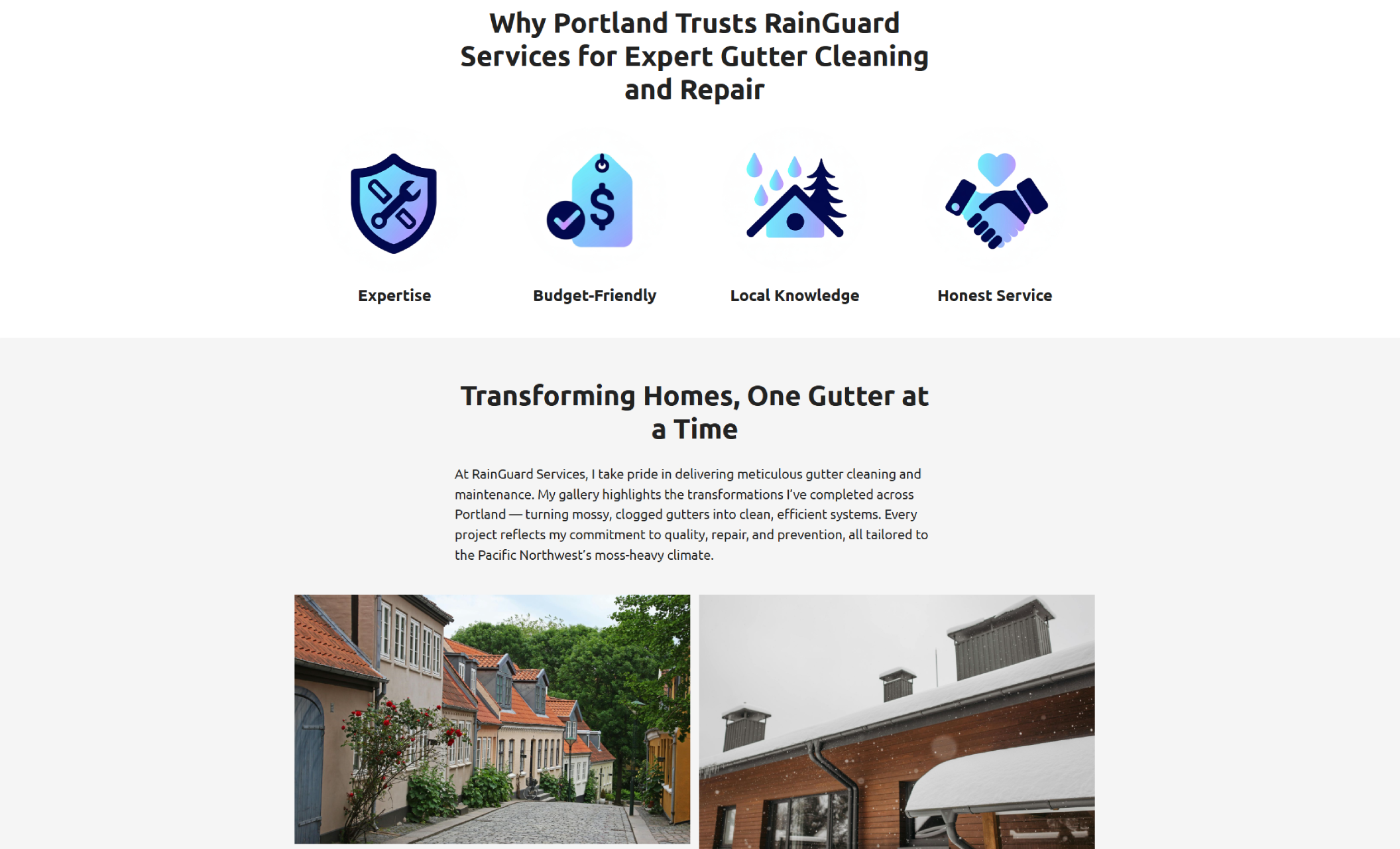 RainGuard Services trust section displaying four illustrated icons labeled Expertise, Budget-Friendly, Local Knowledge, and Honest Service, followed by a gallery of Portland homes with clean and well-maintained gutters