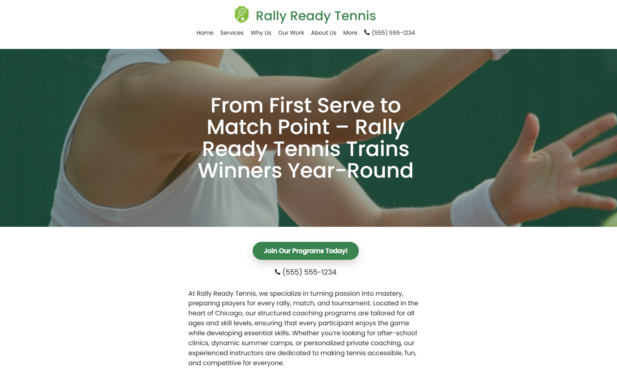 Rally Ready Tennis homepage featuring a player mid-swing in a white visor and tank top, beside the headline “From First Serve to Match Point — Rally Ready Tennis Trains Winners Year-Round” and a green button that says “Join Our Programs Today!”