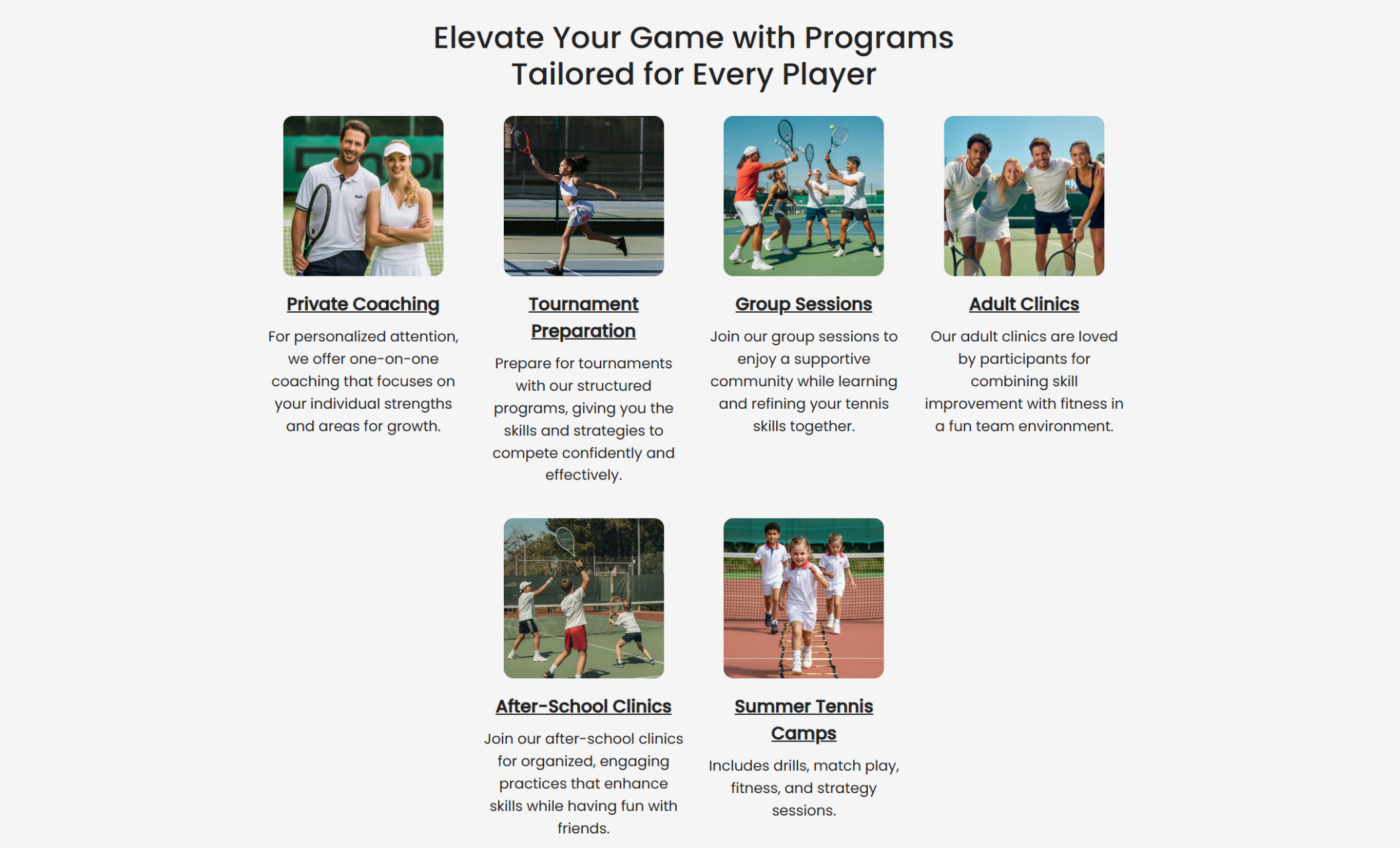 Rally Ready Tennis programs section featuring six image cards for Private Coaching, Tournament Preparation, Group Sessions, Adult Clinics, After-School Clinics, and Summer Tennis Camps, each paired with descriptions of the services
