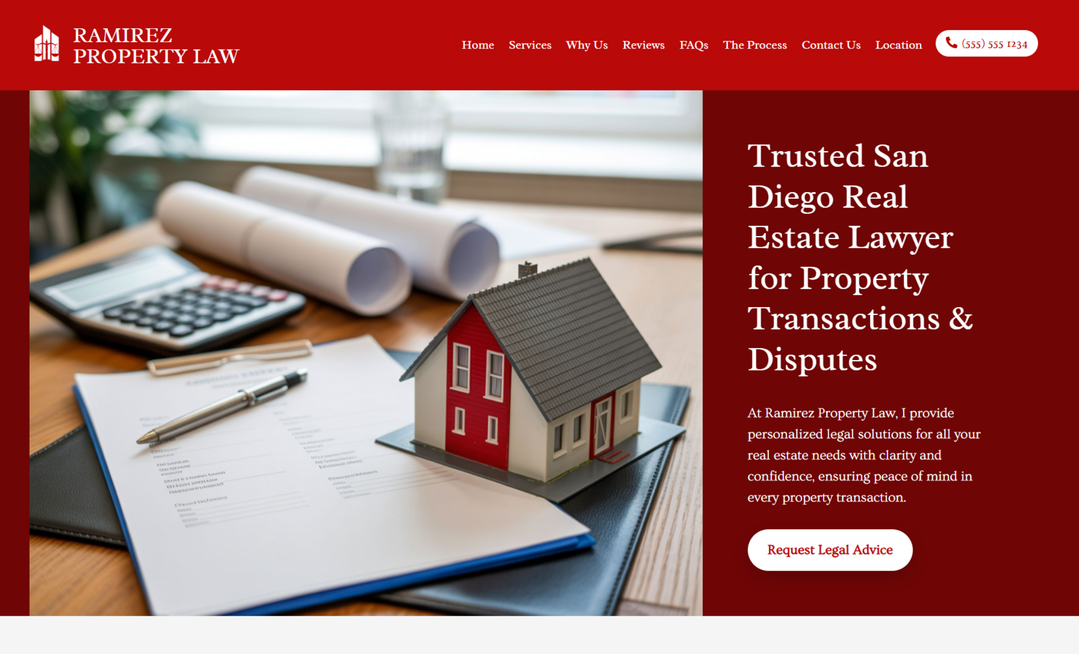 Ramirez Property Law homepage featuring a model house on documents beside the headline “Trusted San Diego Real Estate Lawyer for Property Transactions & Disputes.”