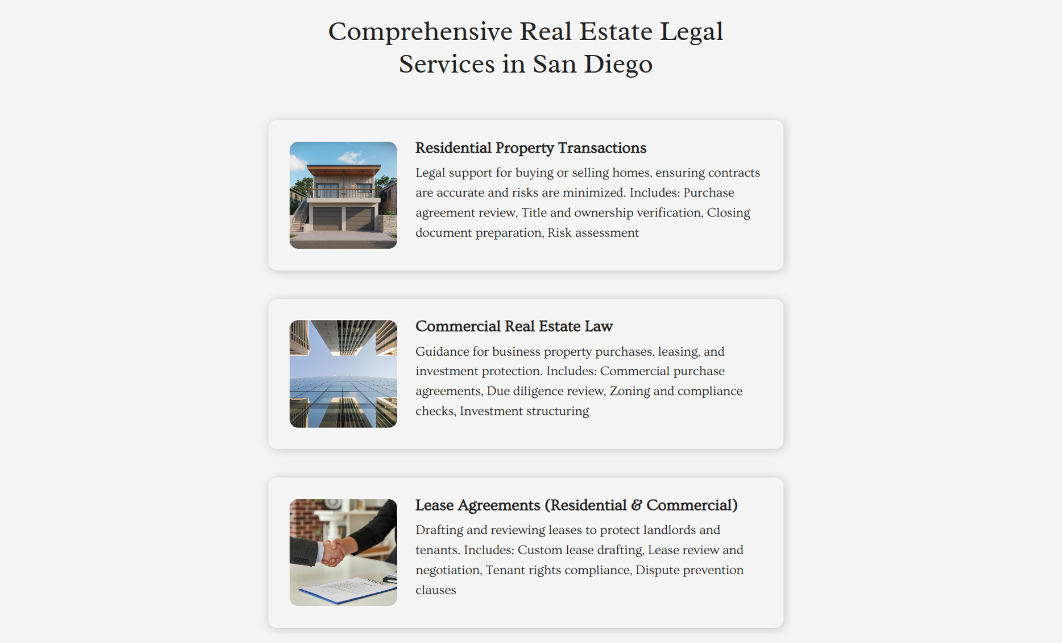 Services section titled “Comprehensive Real Estate Legal Services in San Diego” highlighting residential transactions, commercial law, and lease agreements with supporting descriptions