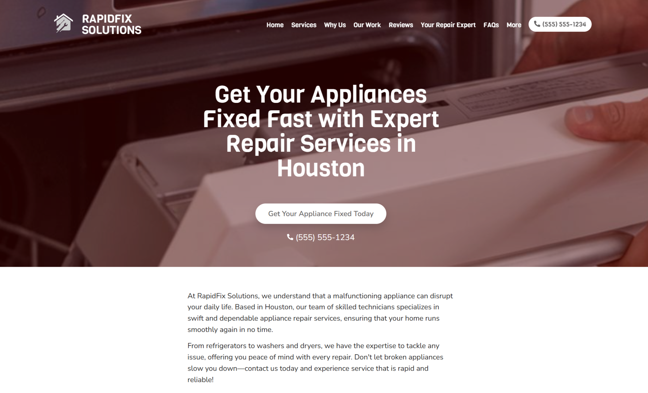 RapidFix Solutions homepage hero banner featuring hands repairing a dishwasher, overlaid with the headline “Get Your Appliances Fixed Fast with Expert Repair Services in Houston” and a white call-to-action button that says “Get Your Appliance Fixed Today.”