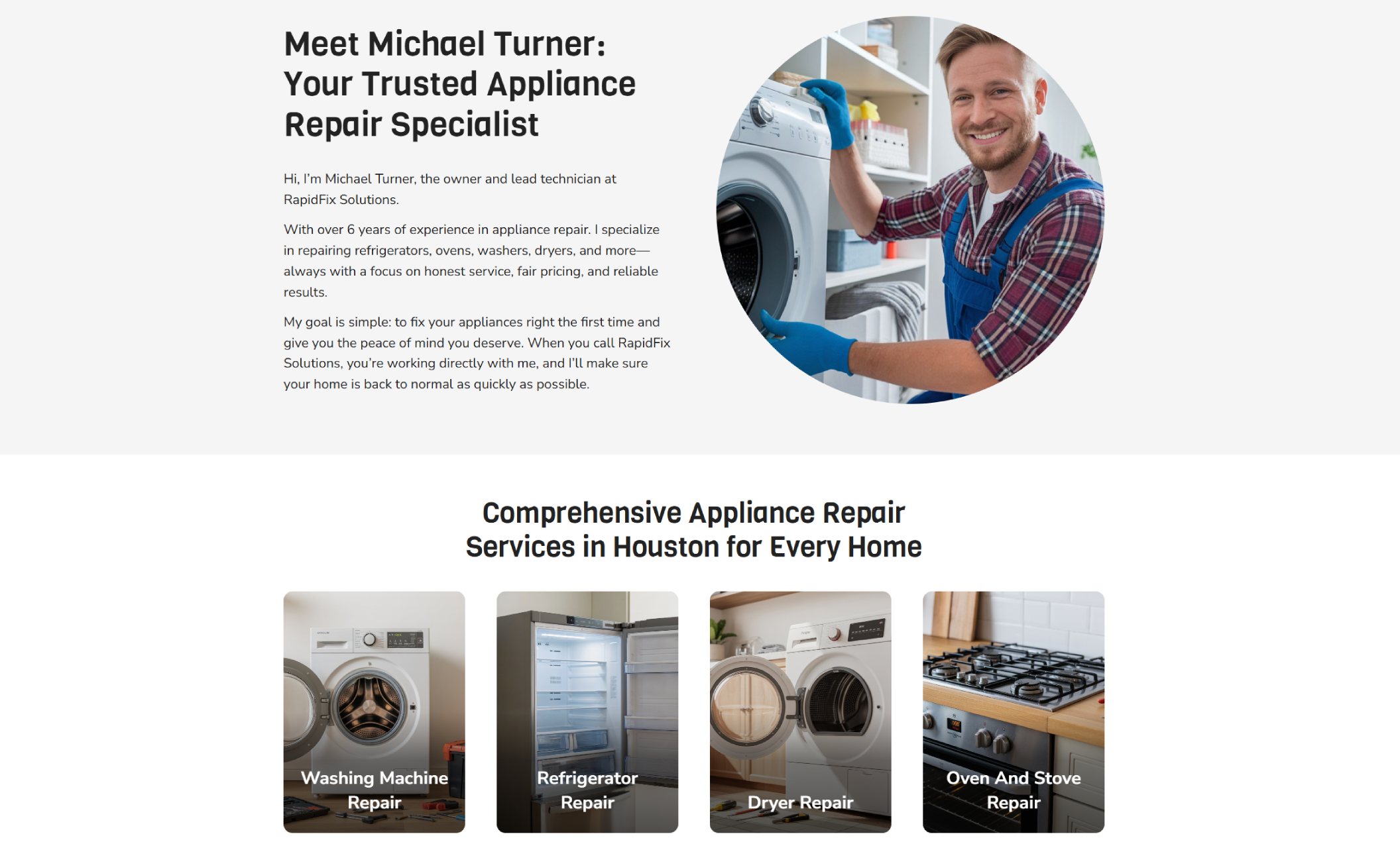 RapidFix Solutions team section introducing Michael Turner, a smiling repair specialist in blue overalls working on a washing machine, alongside text describing his experience and a row of service categories including washing machine, refrigerator, dryer, and oven repair.