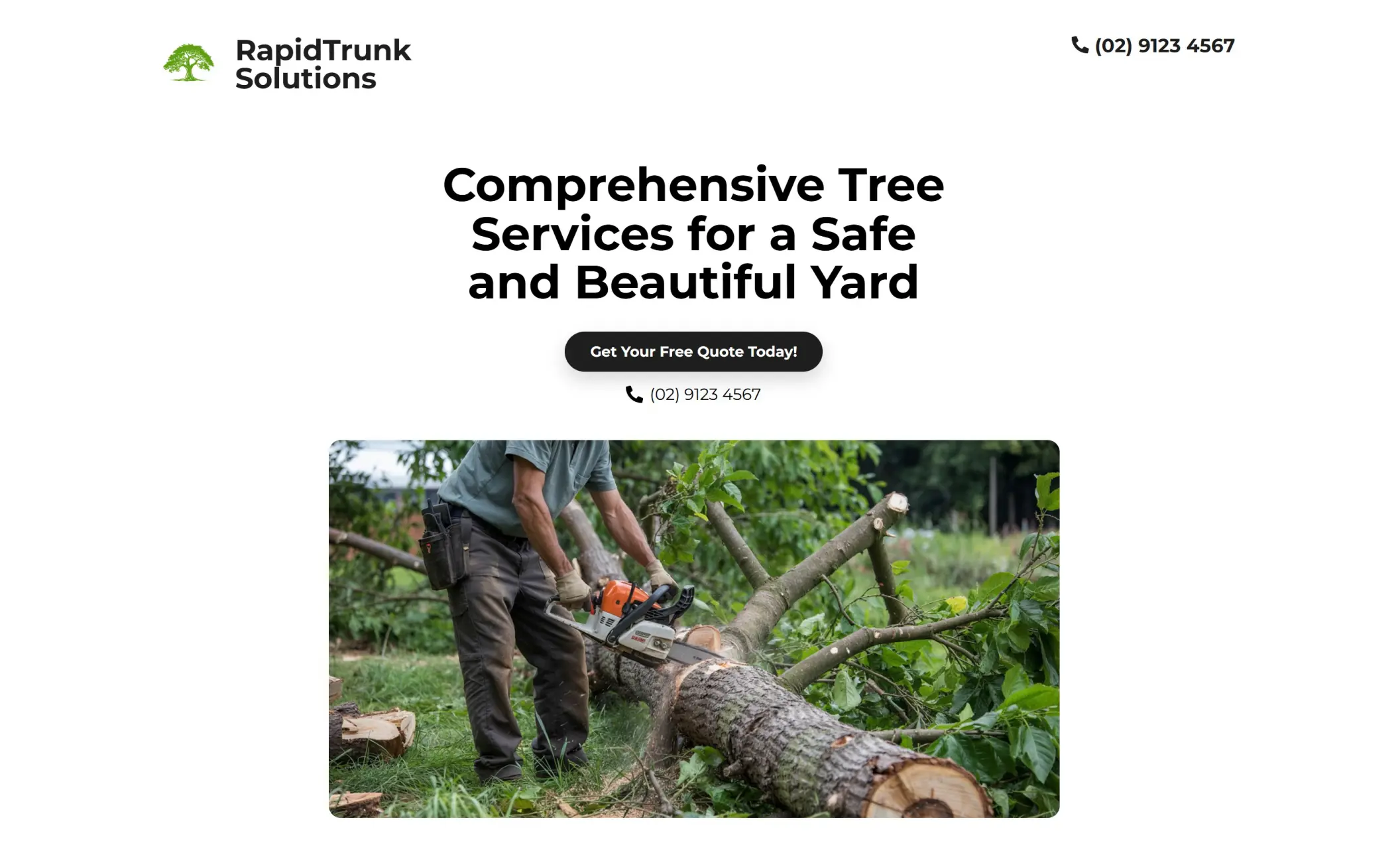 RapidTrunk Solutions' homepage featuring the image of a man trimming a tree, company branding, call-to-action button, and a phone number