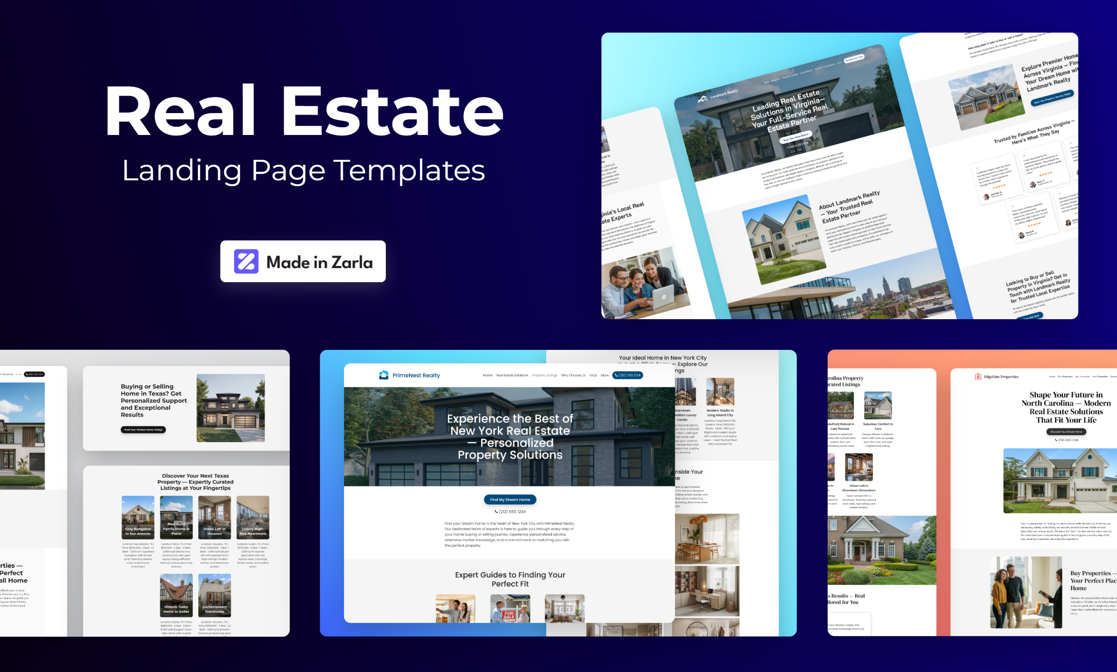 Collection of real estate landing page website templates created with Zarla