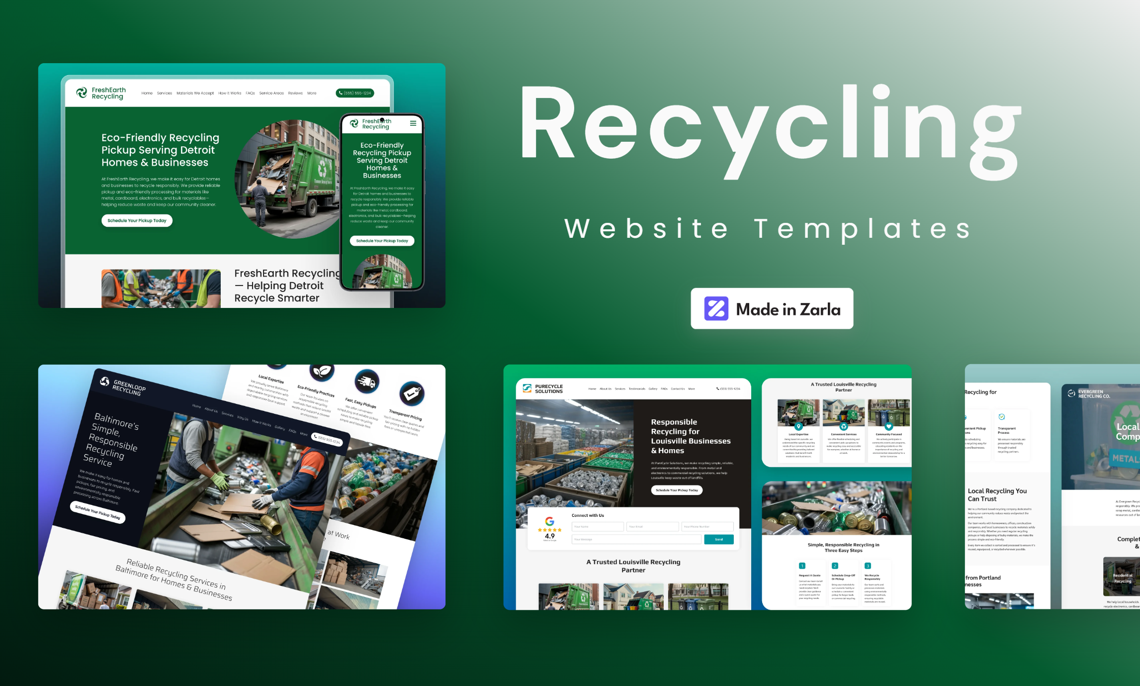 Collection of recycling website templates created with Zarla