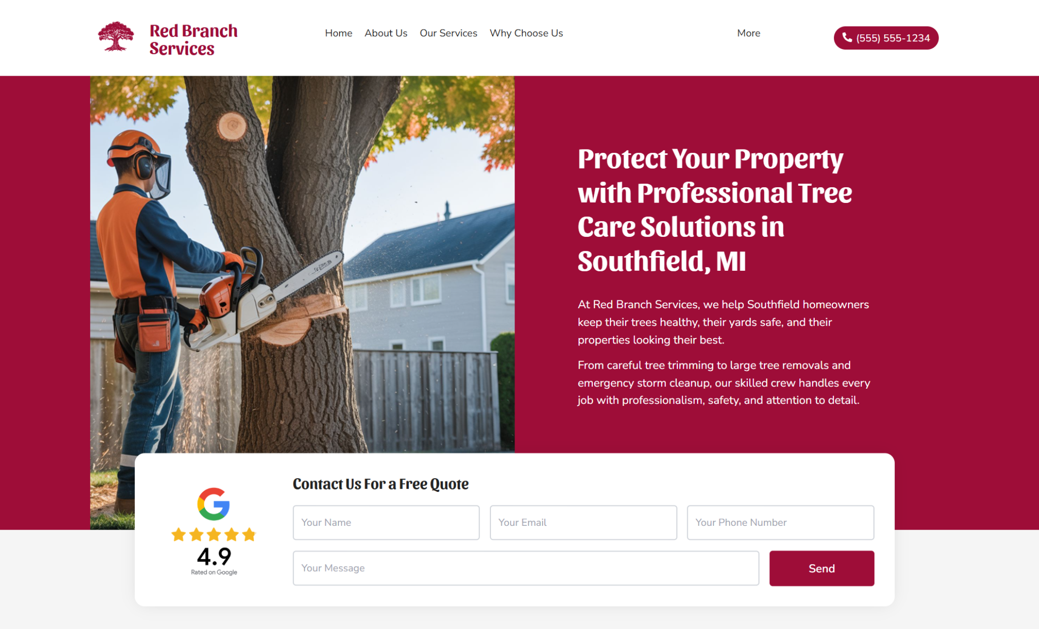 Red Branch Services homepage featuring an arborist cutting a large tree with a chainsaw beside the headline “Protect Your Property with Professional Tree Care Solutions in Southfield, MI,” along with a contact form and Google rating badge below
