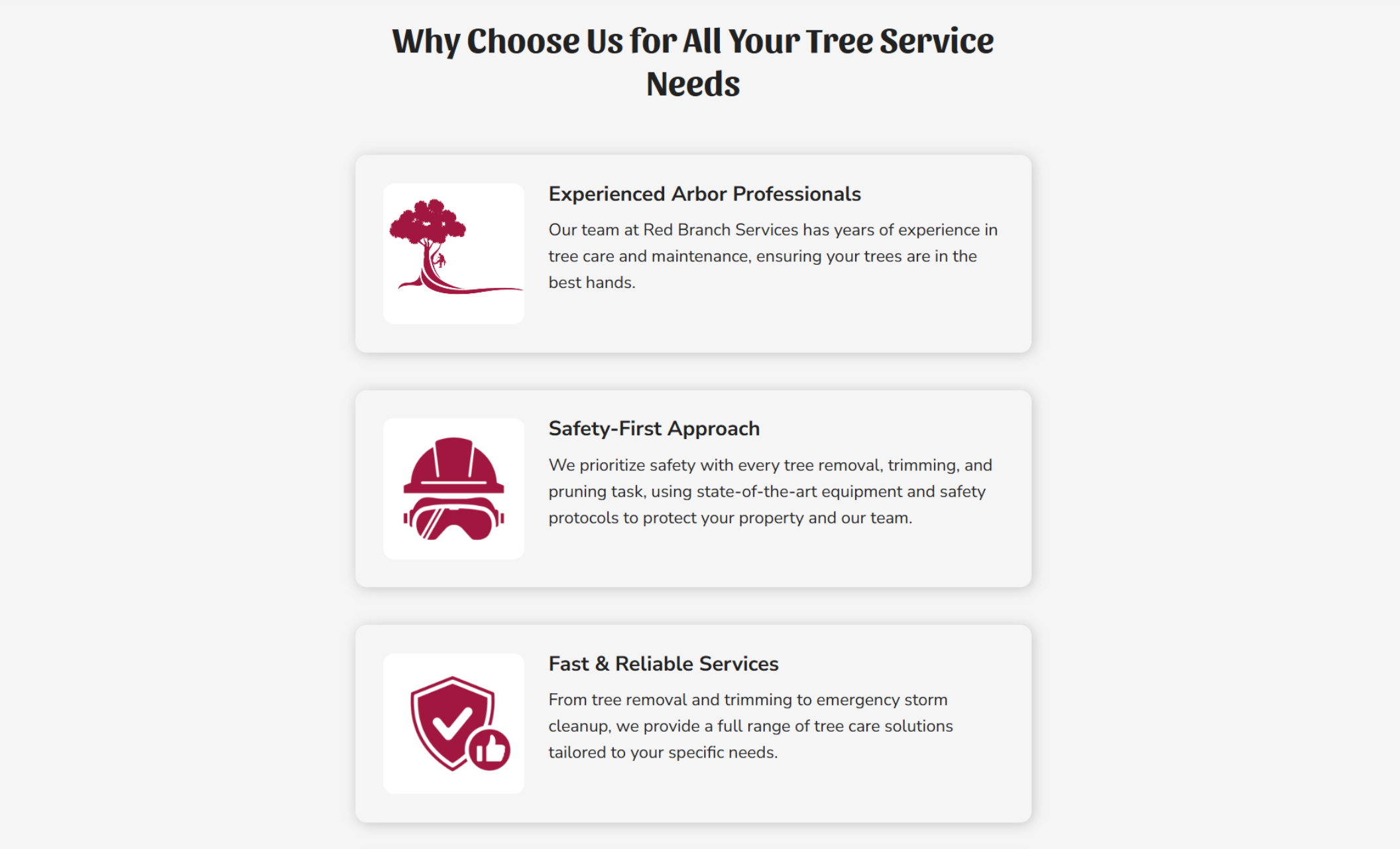 Red Branch Services website section titled “Why Choose Us for All Your Tree Service Needs,” featuring three cards describing experienced arbor professionals, a safety-first approach, and fast reliable services with bold red icons for each feature