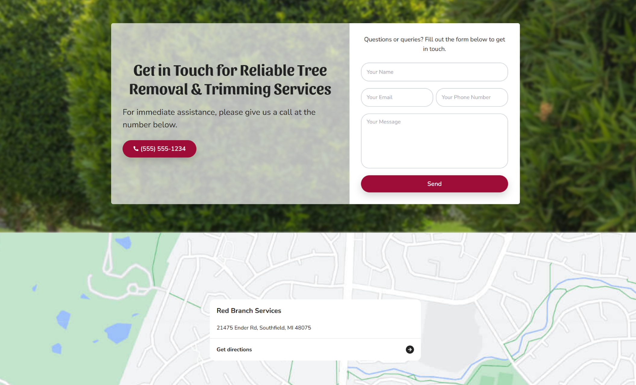 Red Branch Services website contact section with the headline “Get in Touch for Reliable Tree Removal & Trimming Services,” displaying a phone call button and a contact form over a blurred greenery background and a map showing the business location in Southfield, Michigan