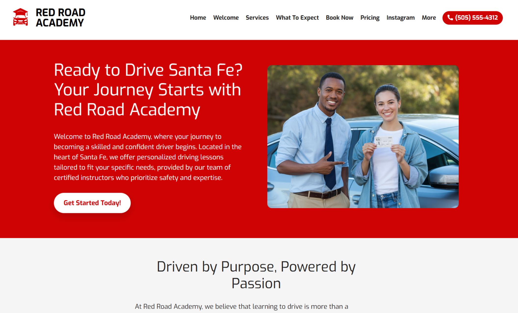 Red Road Academy homepage with the headline “Ready to Drive Santa Fe? Your Journey Starts with Red Road Academy” next to a smiling student proudly holding a license beside a professional instructor, with a red button labeled “Get Started Today!”