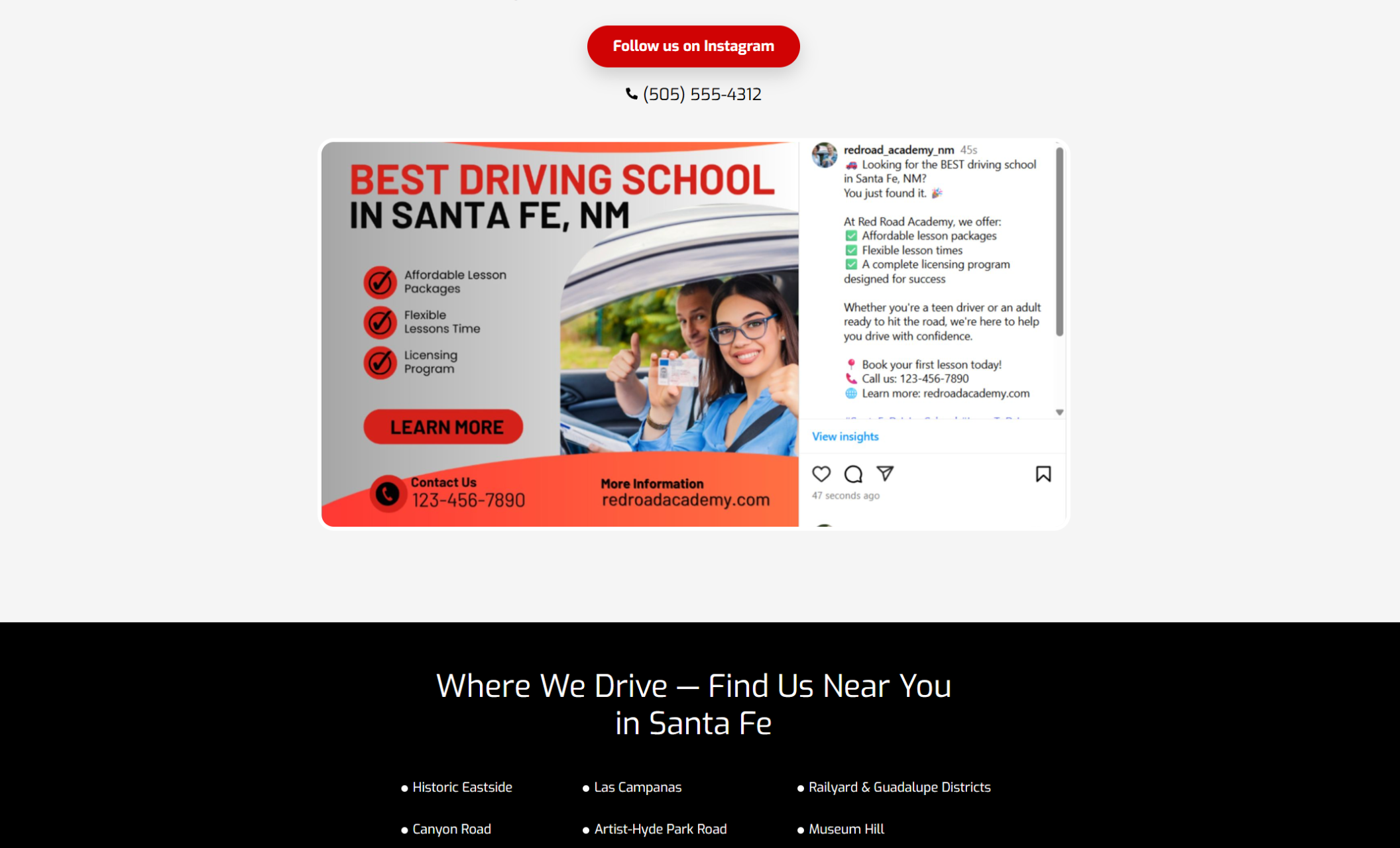 Red Road Academy Instagram promo section showing a social media post with a smiling student and instructor holding a license inside a car, next to a red and gray graphic labeled “Best Driving School in Santa Fe, NM” promoting flexible, affordable packages and licensing programs