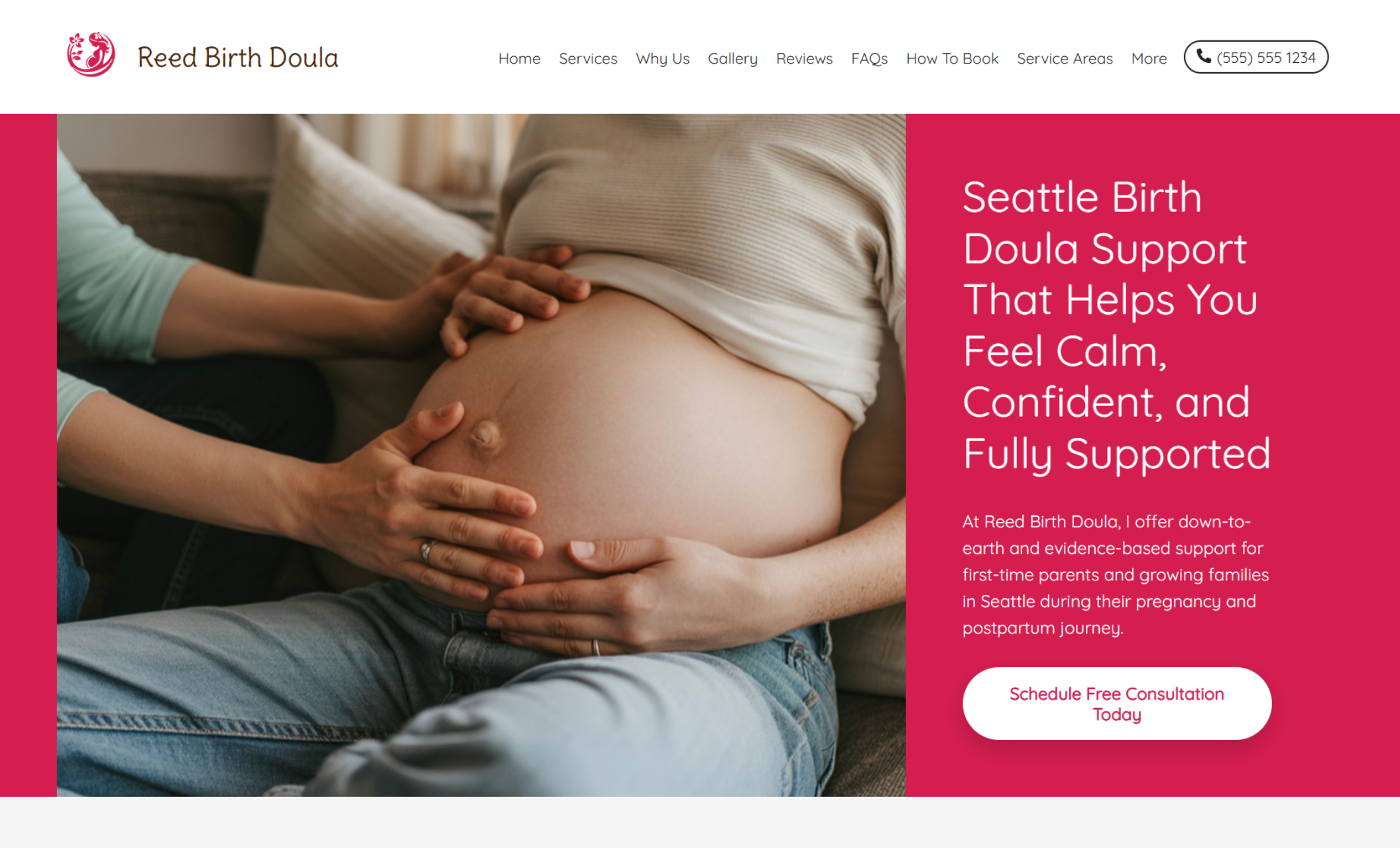 Reed Birth Doula homepage hero showcasing a serene image of hands resting on a pregnant belly beside the headline “Seattle Birth Doula Support That Helps You Feel Calm, Confident, and Fully Supported” and a white consultation button