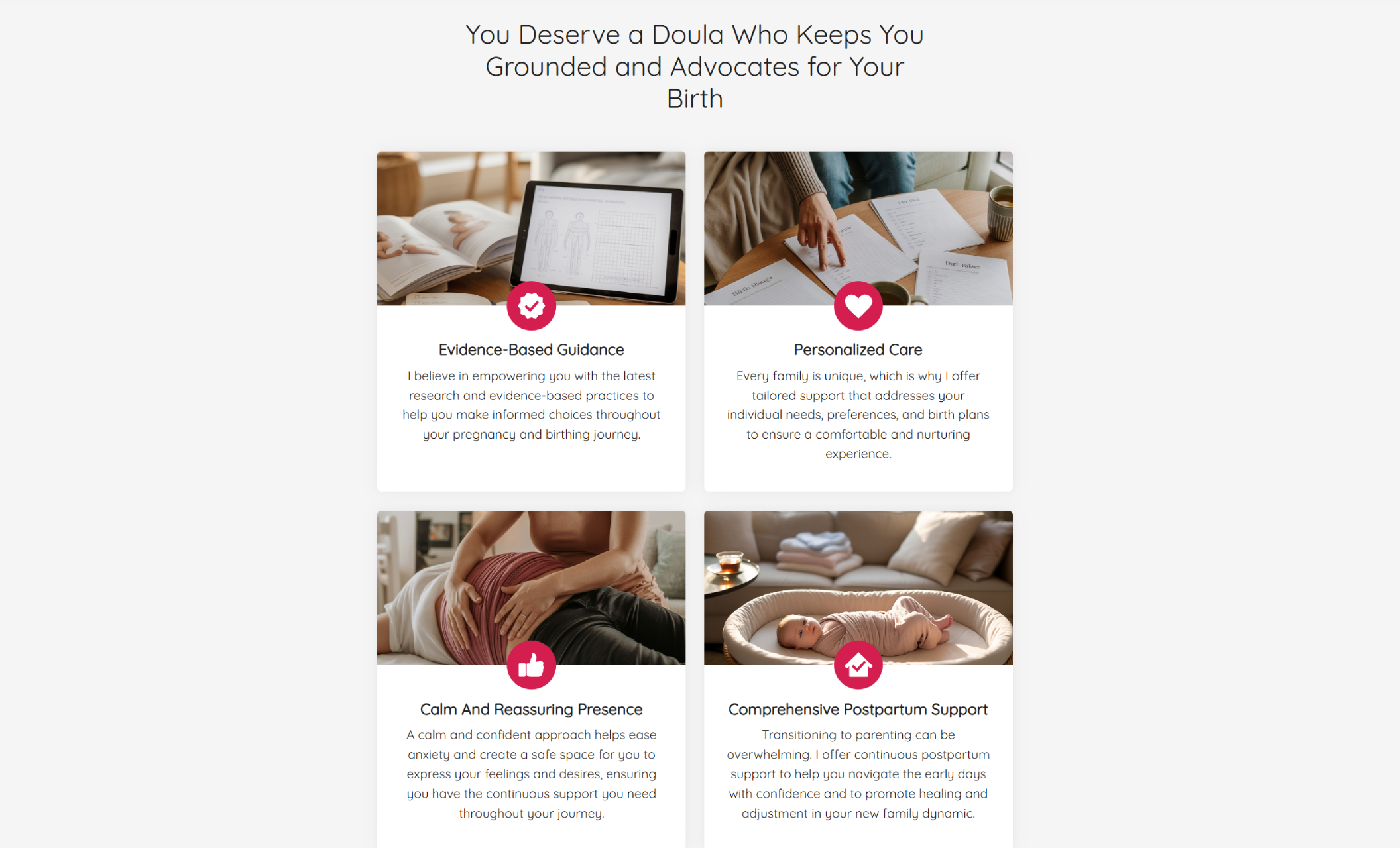 Reed Birth Doula services overview titled “You Deserve a Doula Who Keeps You Grounded and Advocates for Your Birth,” featuring four care-focused service cards with icons and supportive imagery