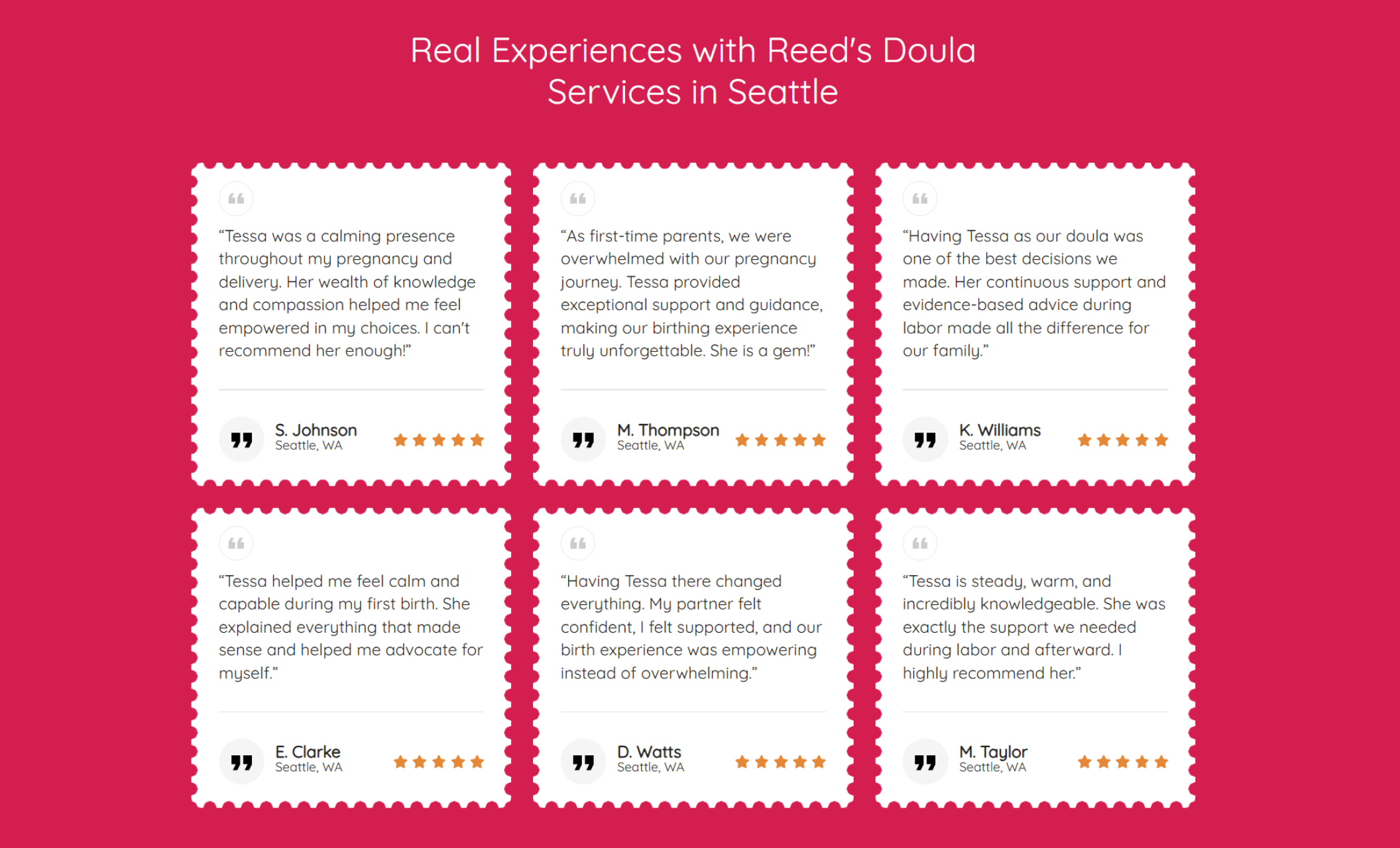 Reed Birth Doula testimonials section titled “Real Experiences with Reed’s Doula Services in Seattle,” displaying six five-star client review cards on a bold pink background