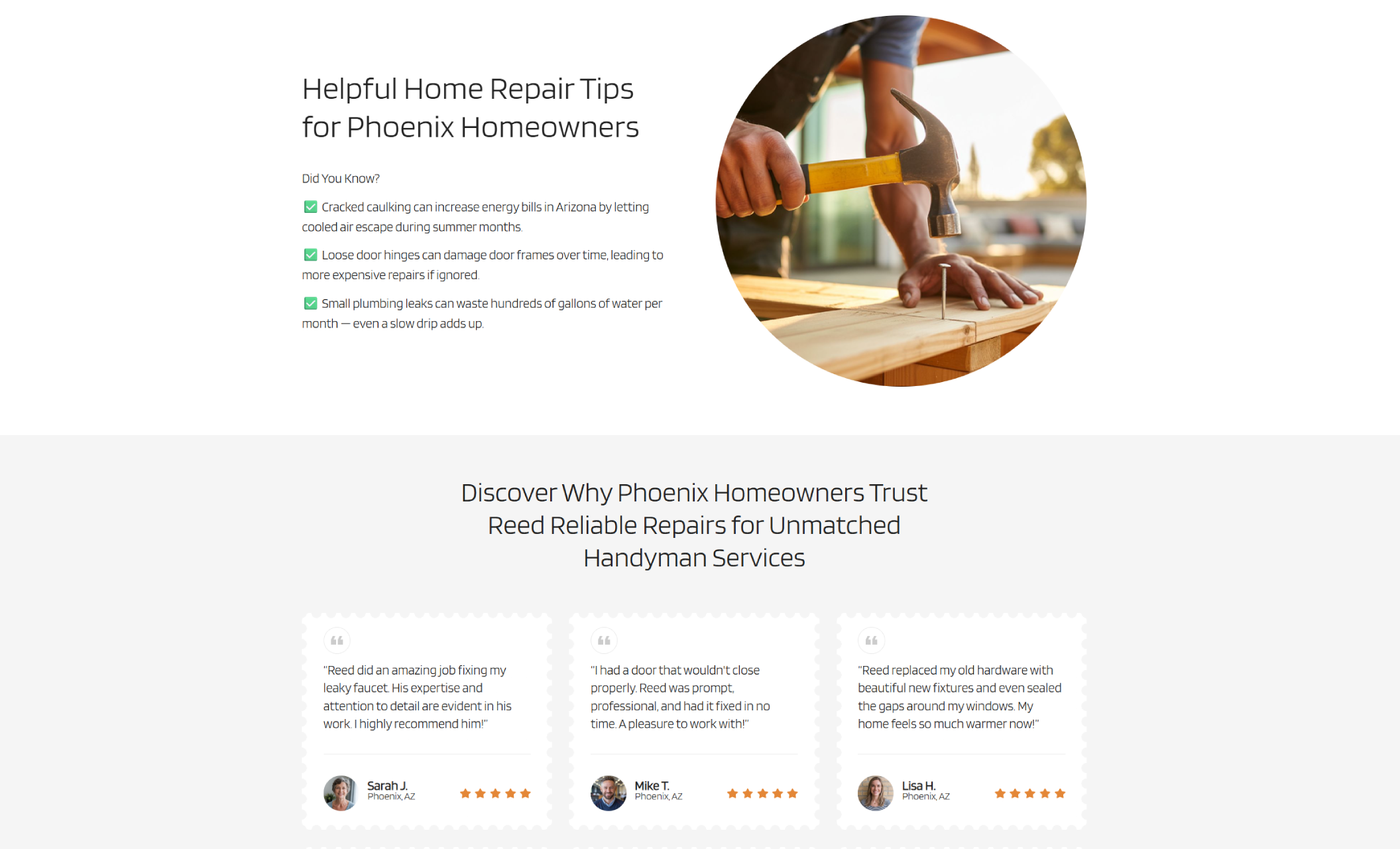 Reed Reliable Repairs tips section titled “Helpful Home Repair Tips for Phoenix Homeowners,” featuring a checklist about caulking, door hinges, and plumbing leaks beside a circular image of a hammer driving a nail
