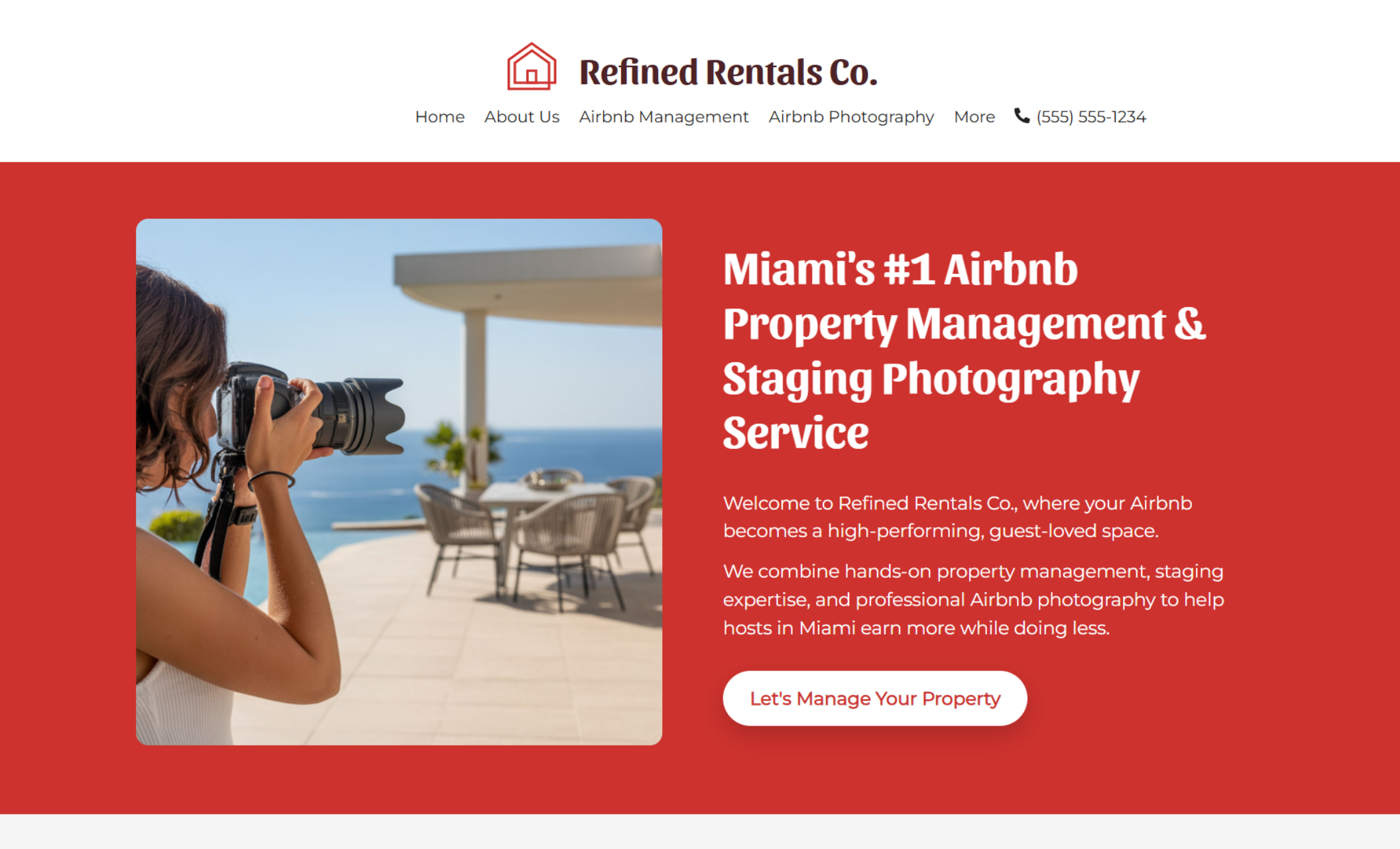 Refined Rentals Co. homepage hero featuring the headline “Miami’s #1 Airbnb Property Management & Staging Photography Service,” a large photo of a woman taking rental photos, and a button that says “Let’s Manage Your Property.”