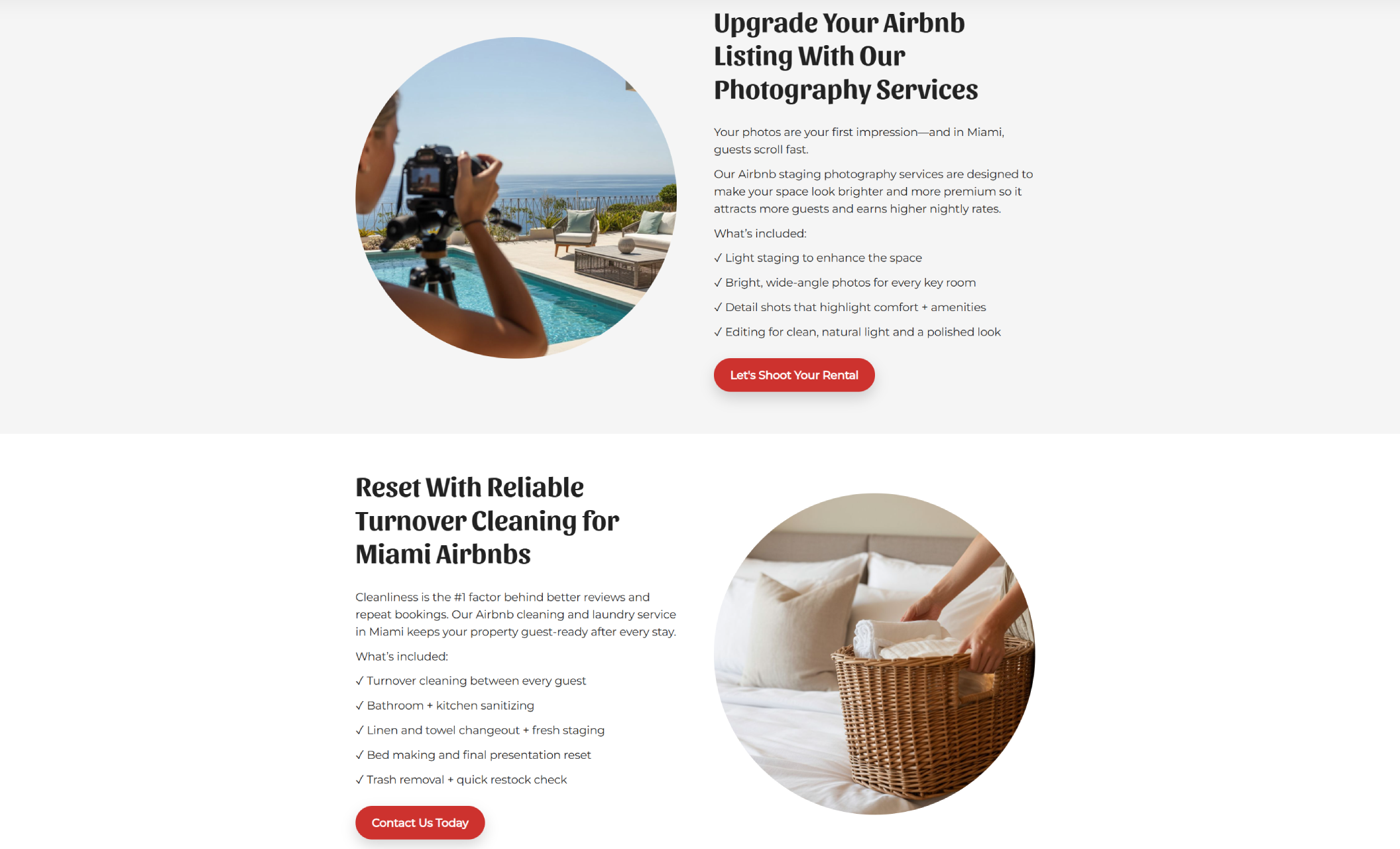 Refined Rentals Co. services section showing “Upgrade Your Airbnb Listing With Our Photography Services” beside a circular photo of a photographer at a poolside rental, followed by a turnover cleaning section with a basket of fresh linens