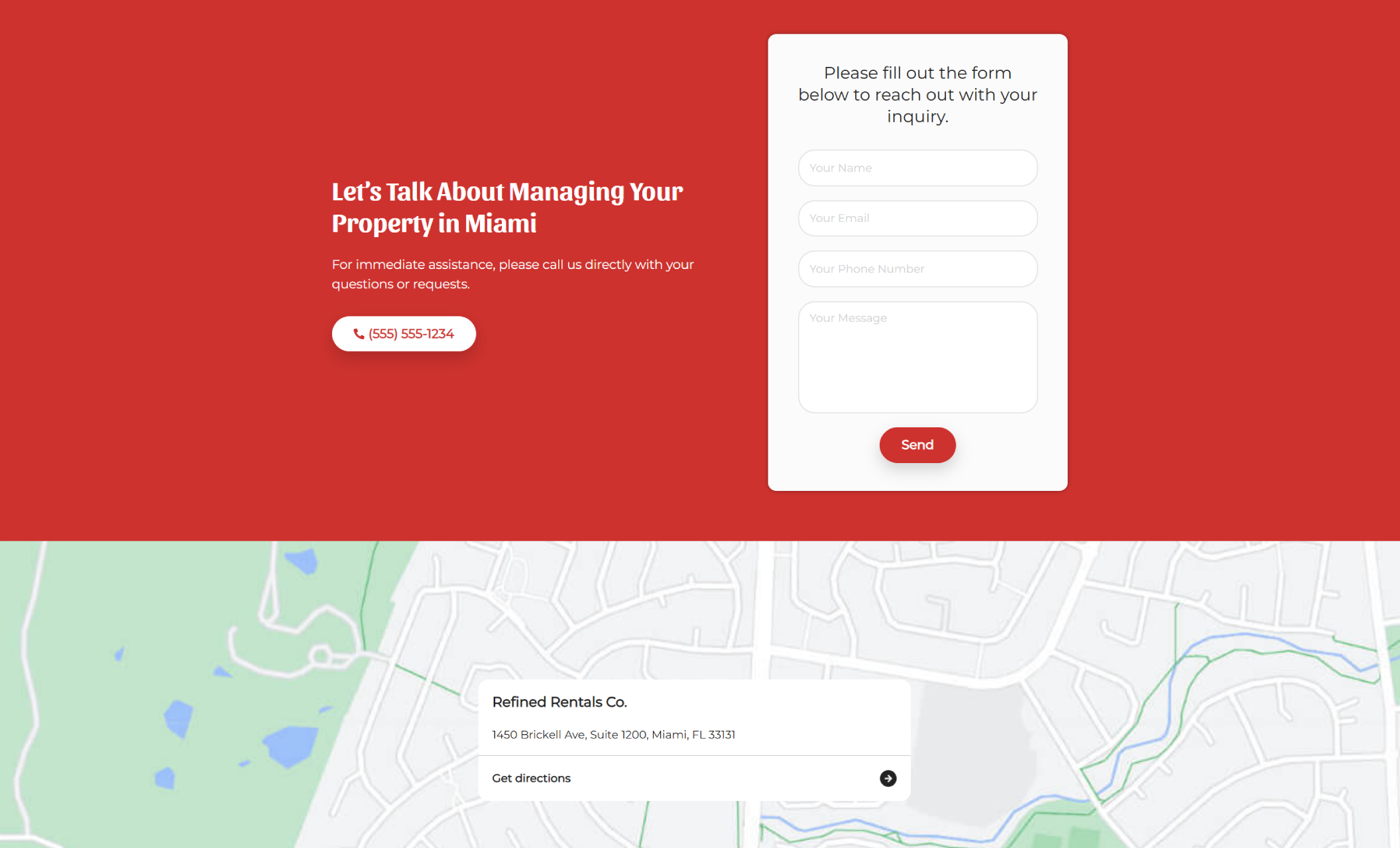 Refined Rentals Co. contact section featuring the headline “Let’s Talk About Managing Your Property in Miami,” a phone button, and a white inquiry form on a bold red background above a location map