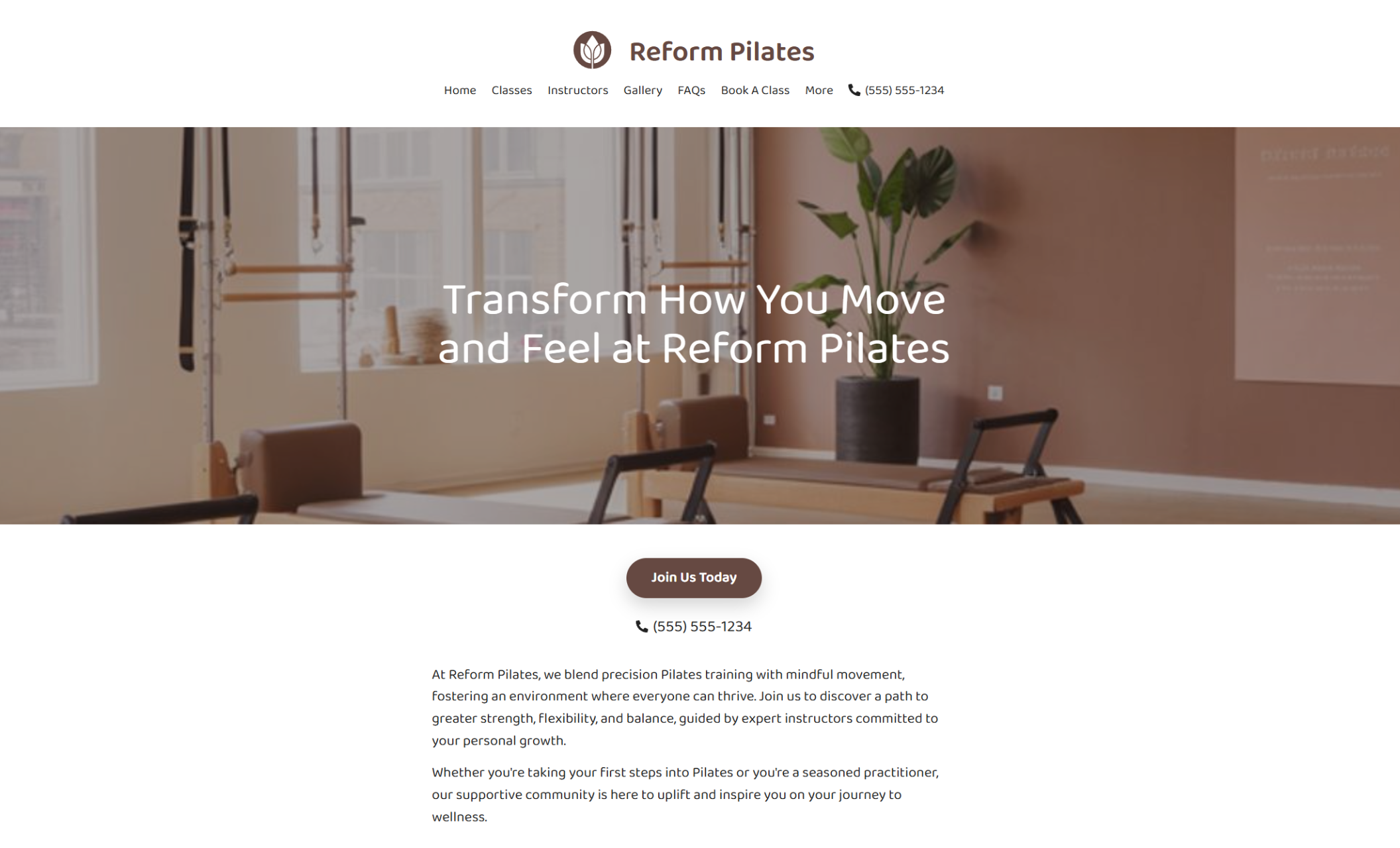 Reform Pilates homepage featuring a softly lit studio interior with reformer machines, plants, and large windows, beside the headline “Transform How You Move and Feel at Reform Pilates” with a brown “Join Us Today” button