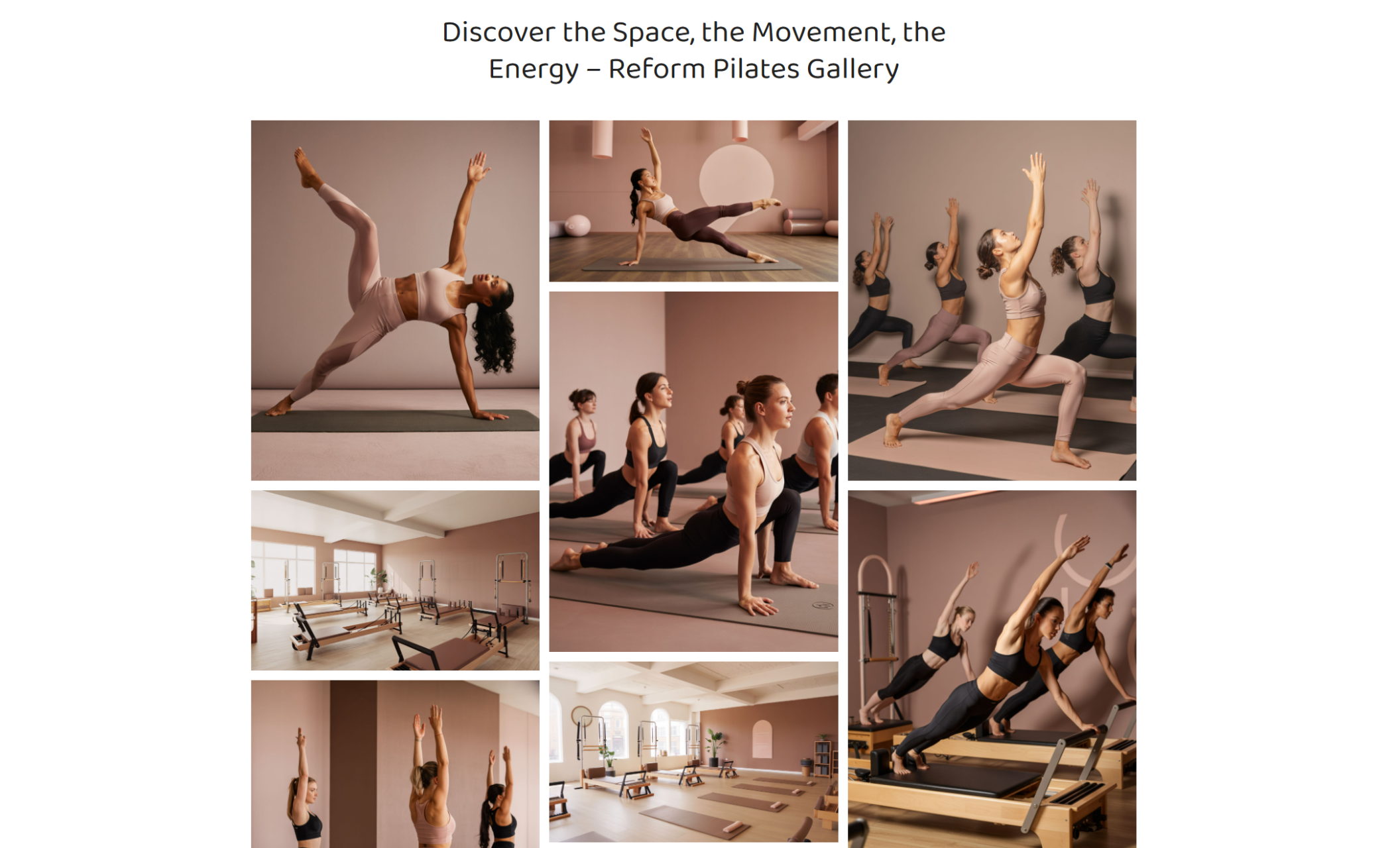 Reform Pilates gallery page showing a collage of nine images featuring various Pilates poses, reformer equipment, and group classes in a warm-toned studio setting