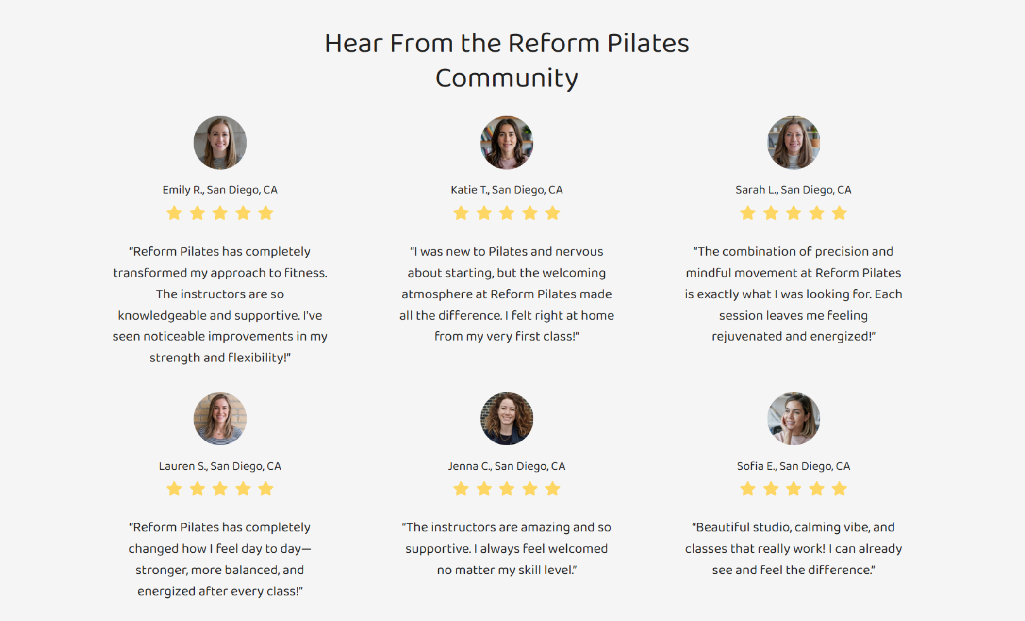 Reform Pilates reviews page featuring six client testimonials with headshots, five-star ratings, and personal feedback about the studio’s instructors, atmosphere, and results