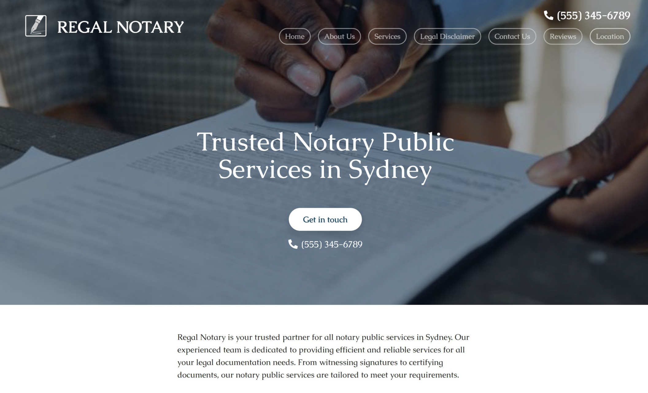 Regal Notary landing page with the tagline "Trusted Notary Public Services in Sydney" displayed over a photo of a document signing