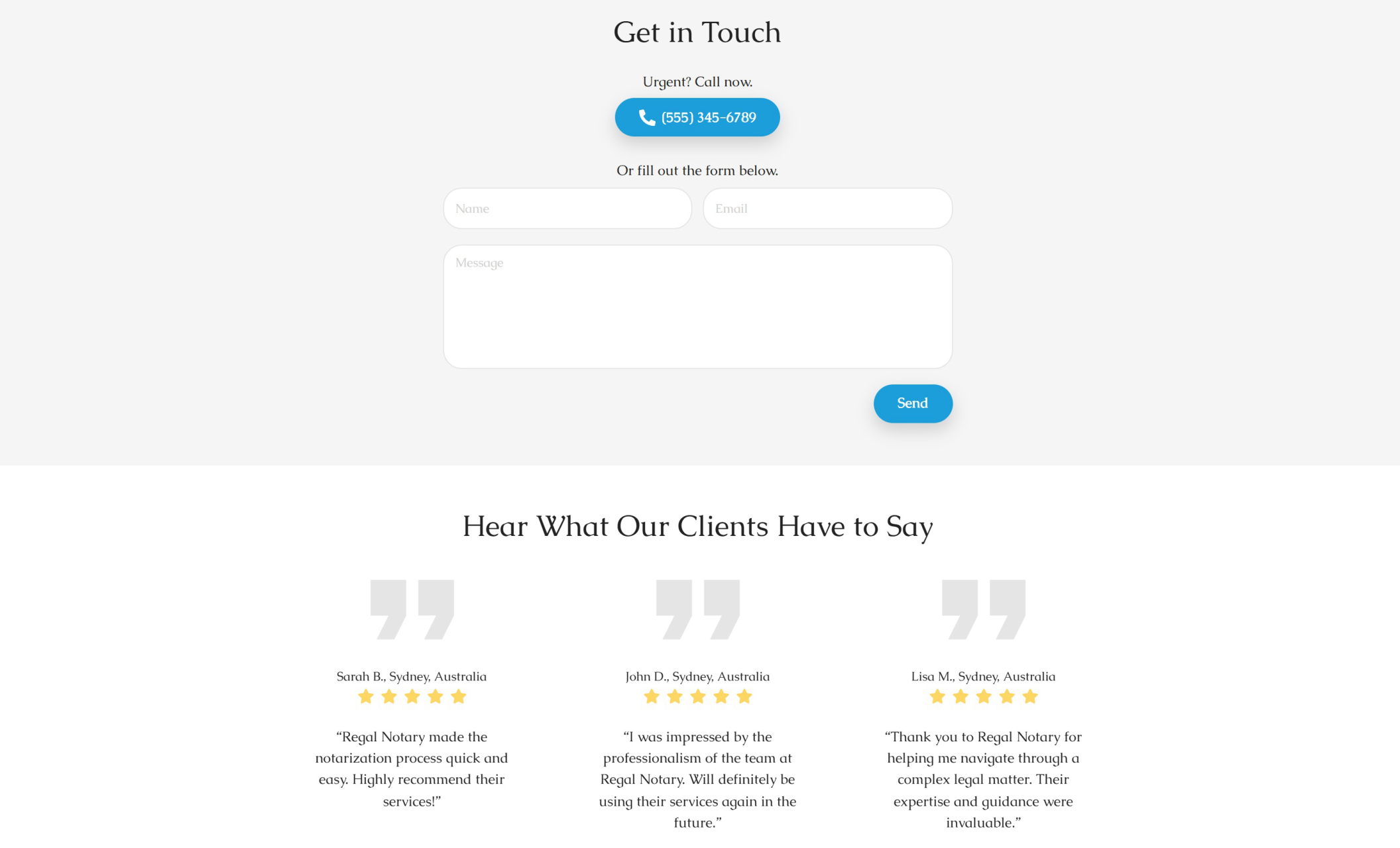 Regal Notary contact section with a "Get in Touch" heading displayed above customer testimonials