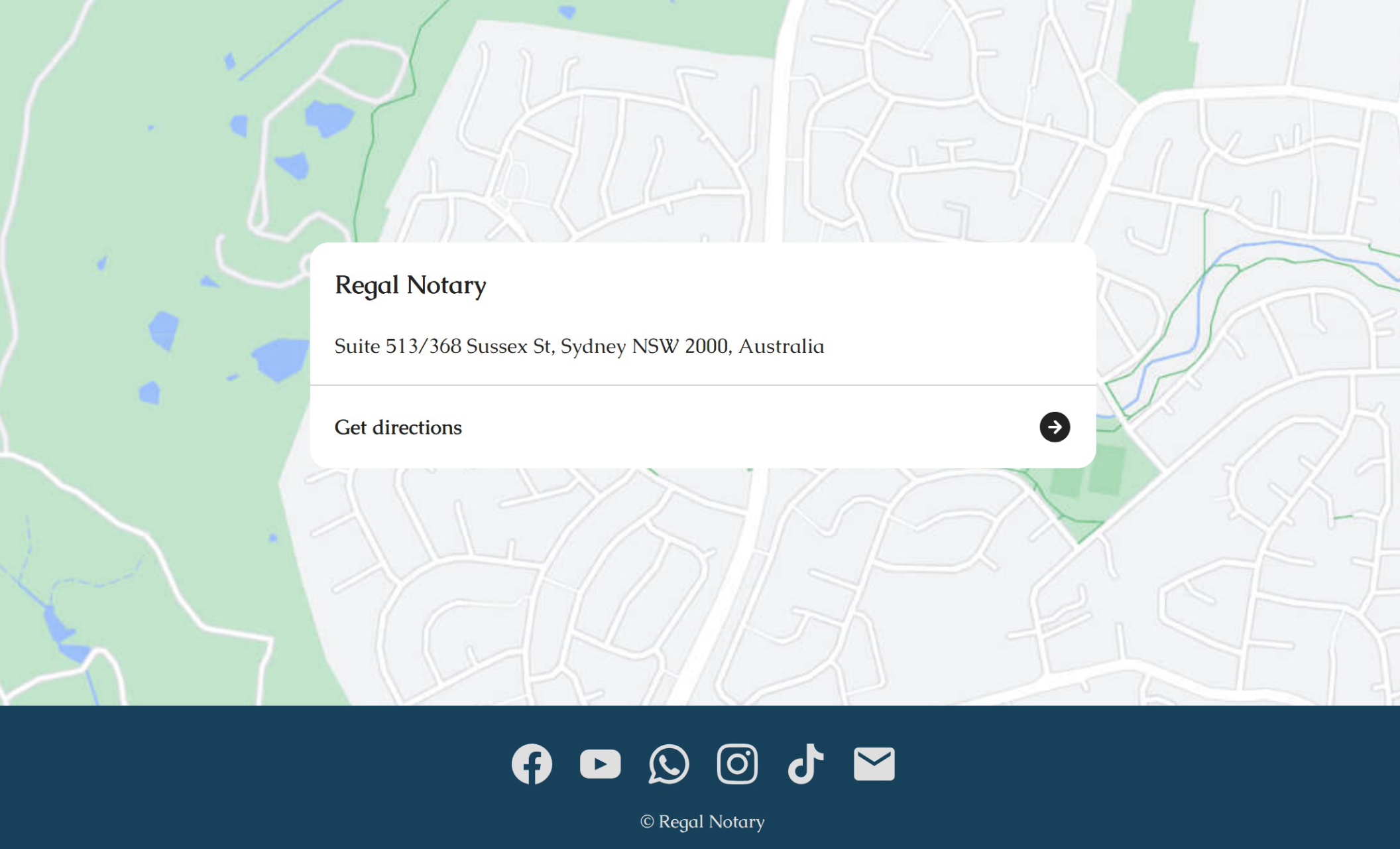 Regal Notary location section with an embedded Google Map, as well as a footer with social media buttons