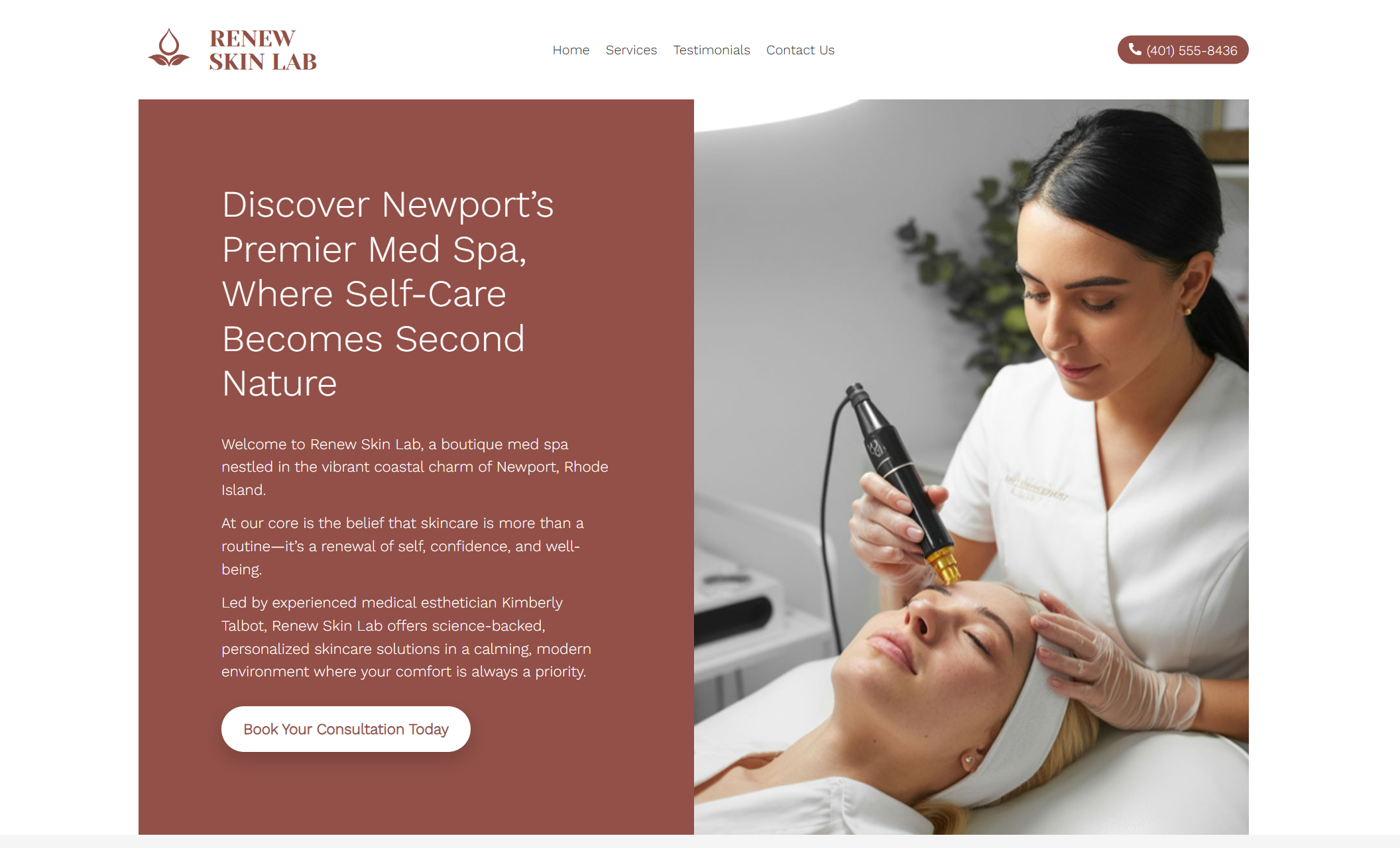 Renew Skin Lab homepage showing a medical esthetician in a white uniform performing a facial treatment on a client, alongside the headline “Discover Newport’s Premier Med Spa, Where Self-Care Becomes Second Nature” and a white button that says “Book Your Consultation Today.”
