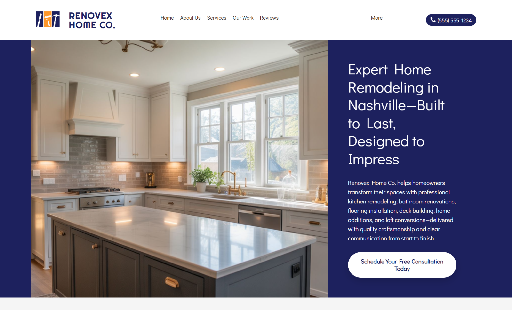 Renovex Home Co. homepage showcasing a bright, modern kitchen remodel with white cabinetry and a large island, alongside the headline “Expert Home Remodeling in Nashville—Built to Last, Designed to Impress” and a prominent “Schedule Your Free Consultation Today” button