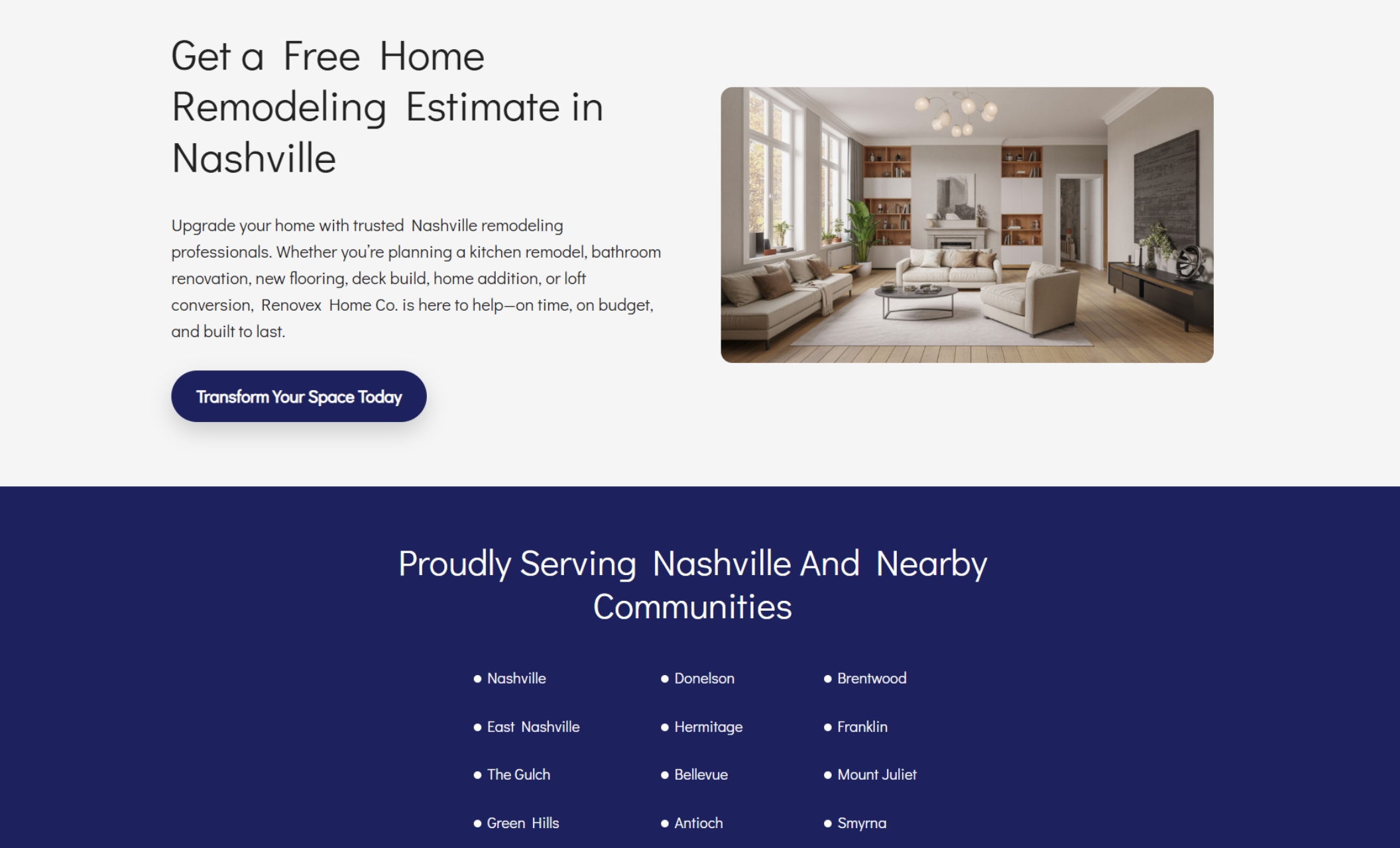 Renovex Home Co. call-to-action section featuring a styled living room interior next to the headline “Get a Free Home Remodeling Estimate in Nashville,” descriptive service text, and a dark blue “Transform Your Space Today” button