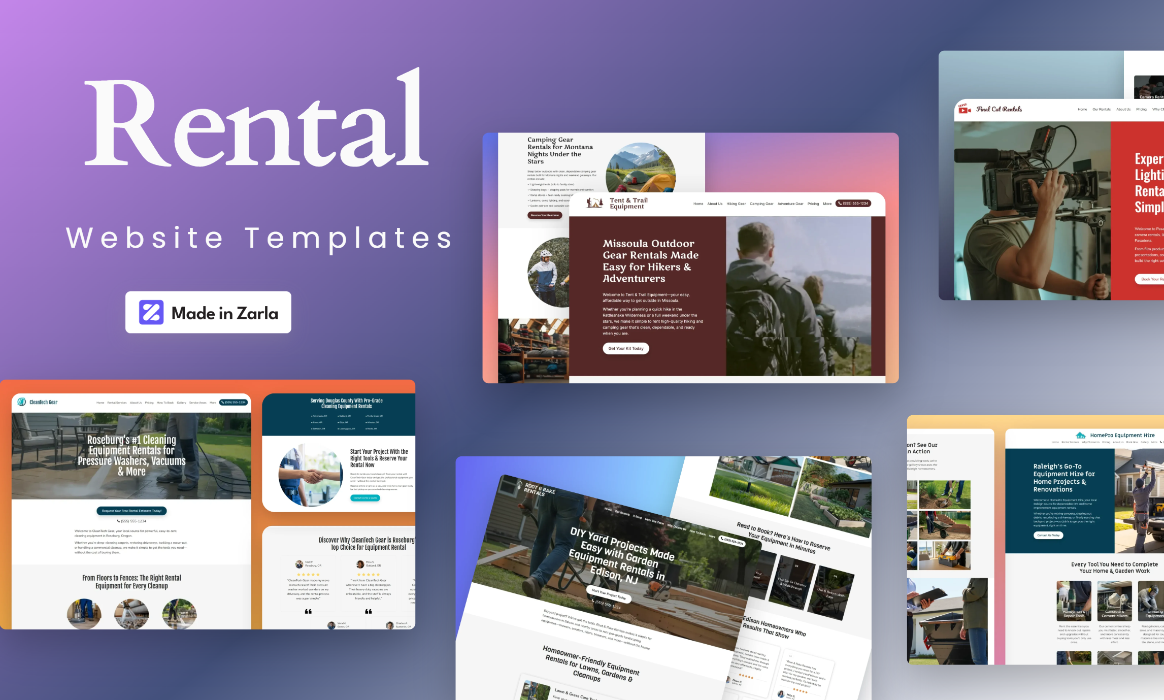 Collection of equipment rental website templates made with Zarla
