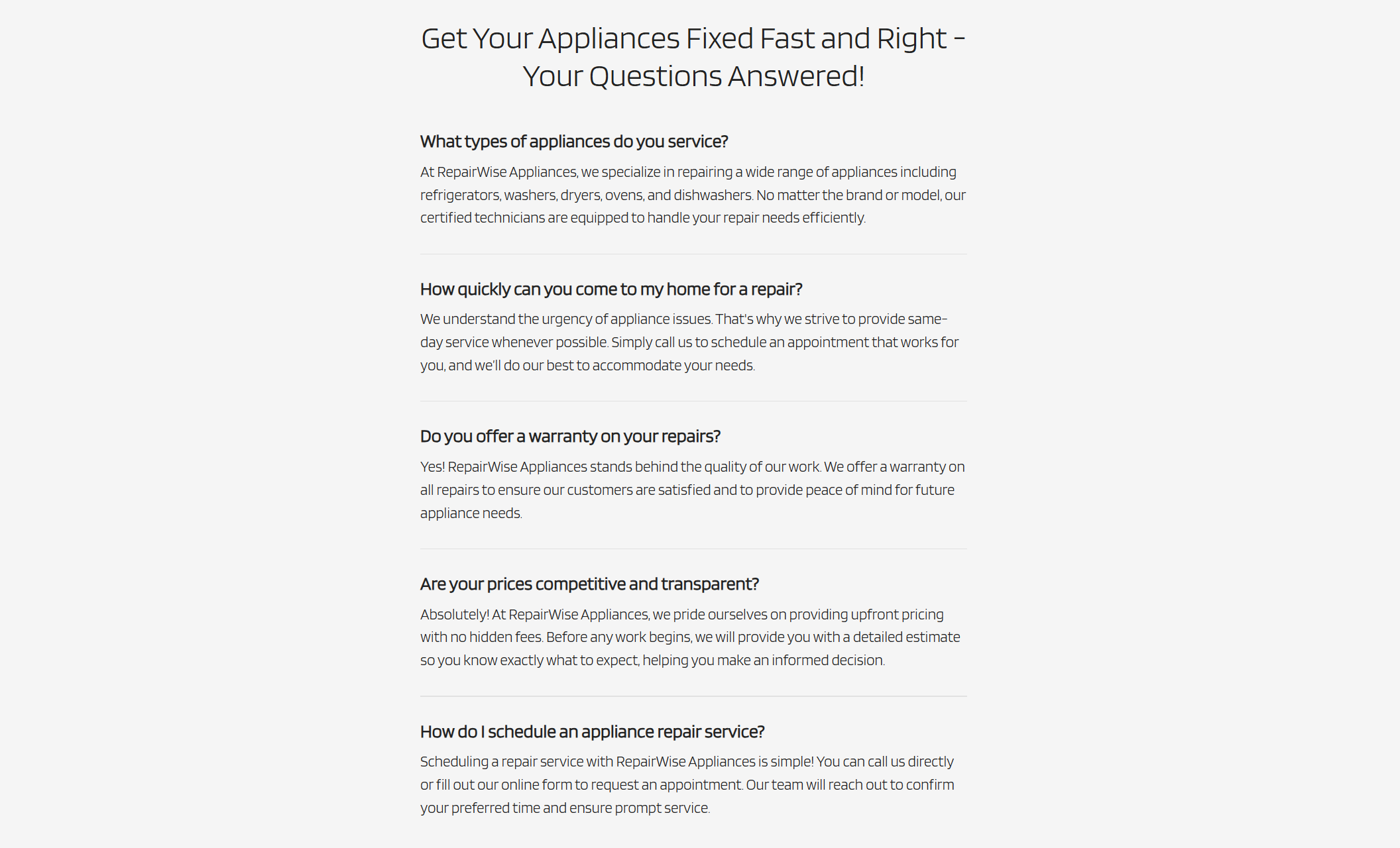 RepairWise Appliances FAQ section with common questions and answers about services, warranties, pricing, and scheduling, displayed in a clean white layout