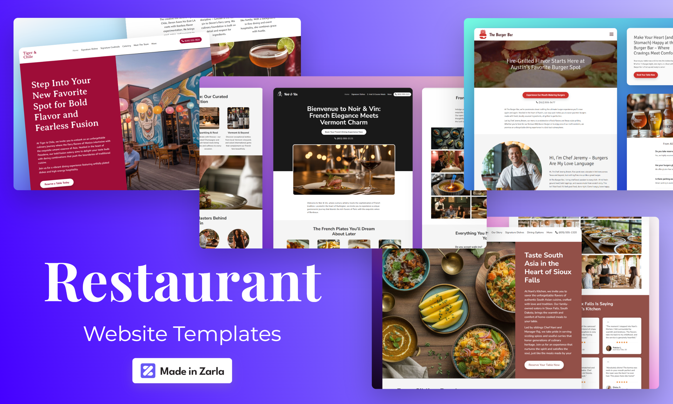 Collection of restaurant website templates created with Zarla
