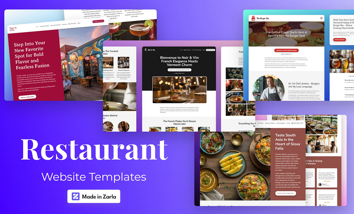 Collection of restaurant website templates created with Zarla