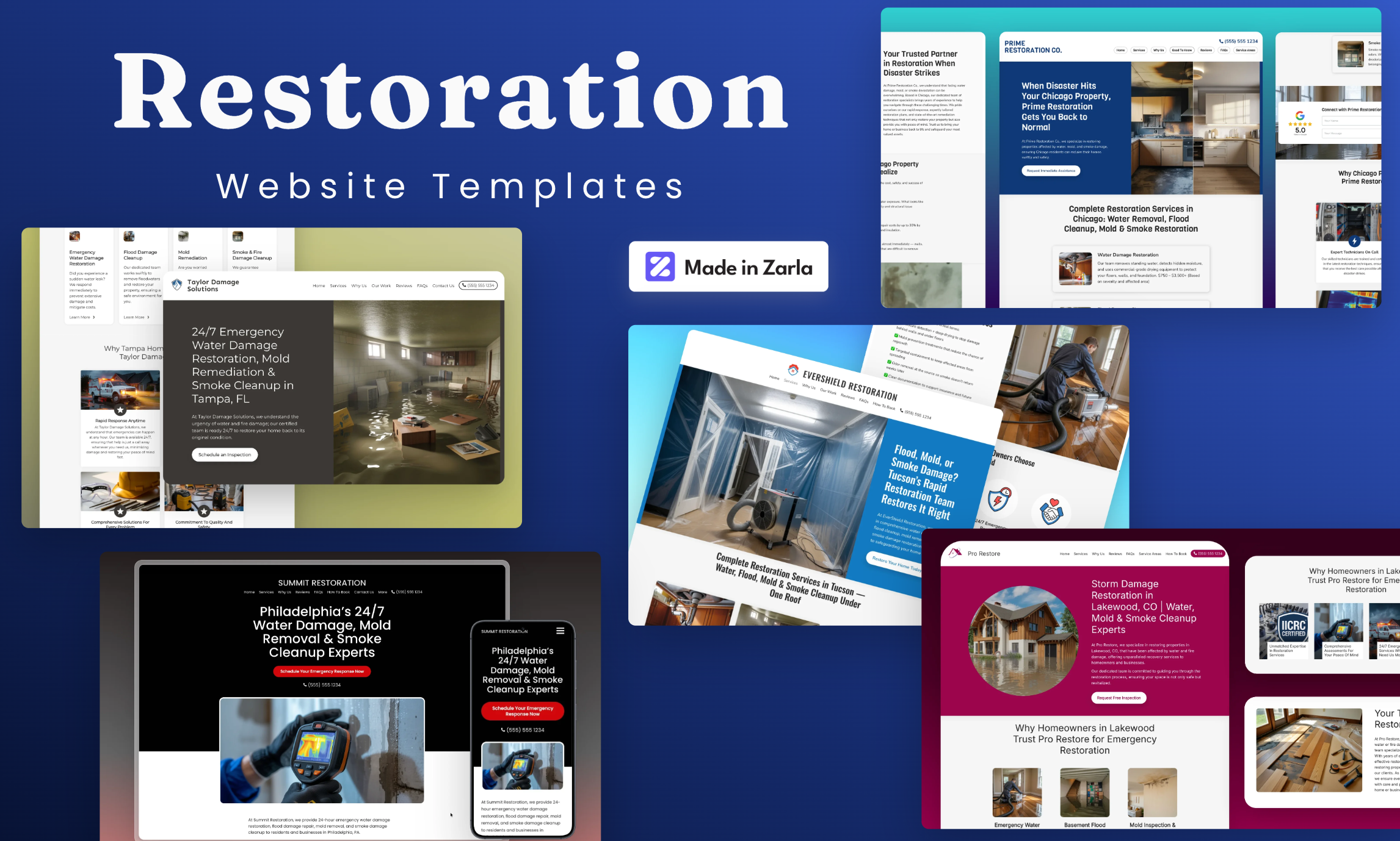 Collection of restoration website templates created with Zarla
