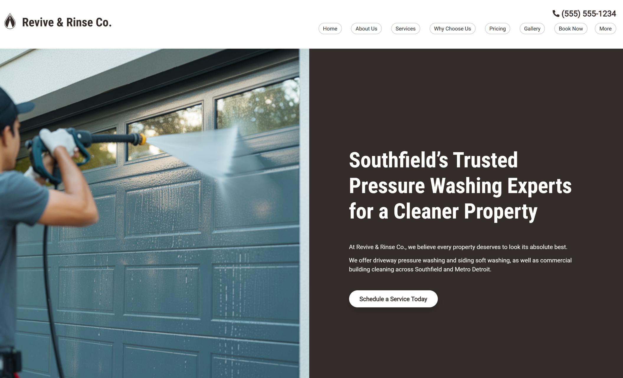 Revive & Rinse Co. homepage featuring a technician pressure washing a garage door beside the headline “Southfield’s Trusted Pressure Washing Experts for a Cleaner Property” and a “Schedule a Service Today” call-to-action button with phone number in the top navigation