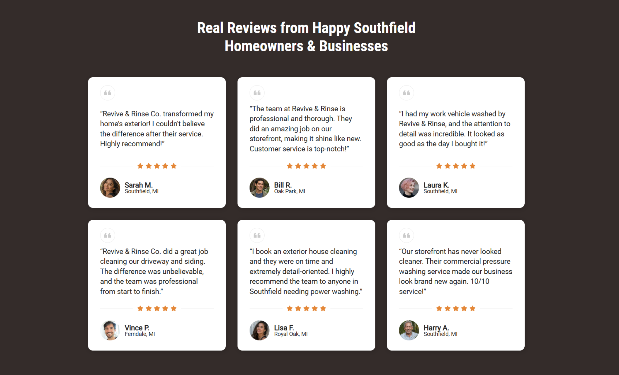 Revive & Rinse Co. testimonial section titled “Real Reviews from Happy Southfield Homeowners & Businesses” featuring six review cards with five-star ratings, customer quotes, profile photos, and Michigan locations