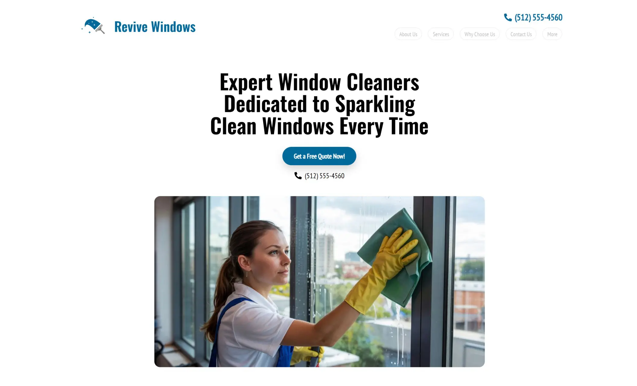 Revive Windows' homepage featuring the image of a woman cleaning a window, company branding, call-to-action button, and a phone number