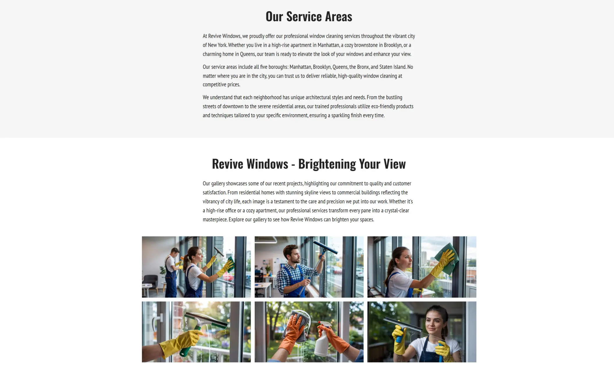 Revive Windows' website displaying service areas, and and image gallery with projects