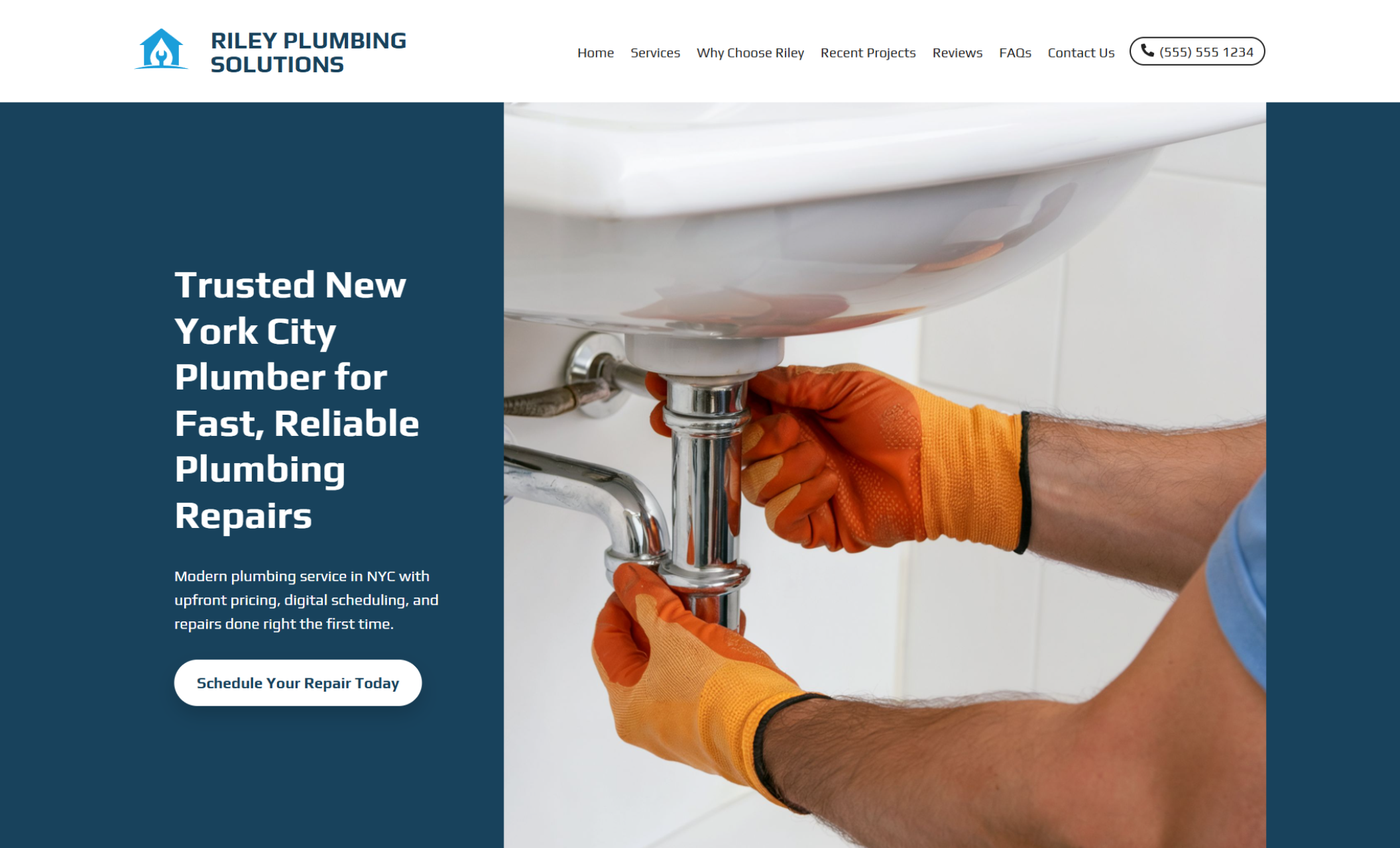 Riley Plumbing Solutions homepage showing a plumber tightening sink pipes beside the headline “Trusted New York City Plumber for Fast, Reliable Plumbing Repairs” and a “Schedule Your Repair Today” call-to-action button