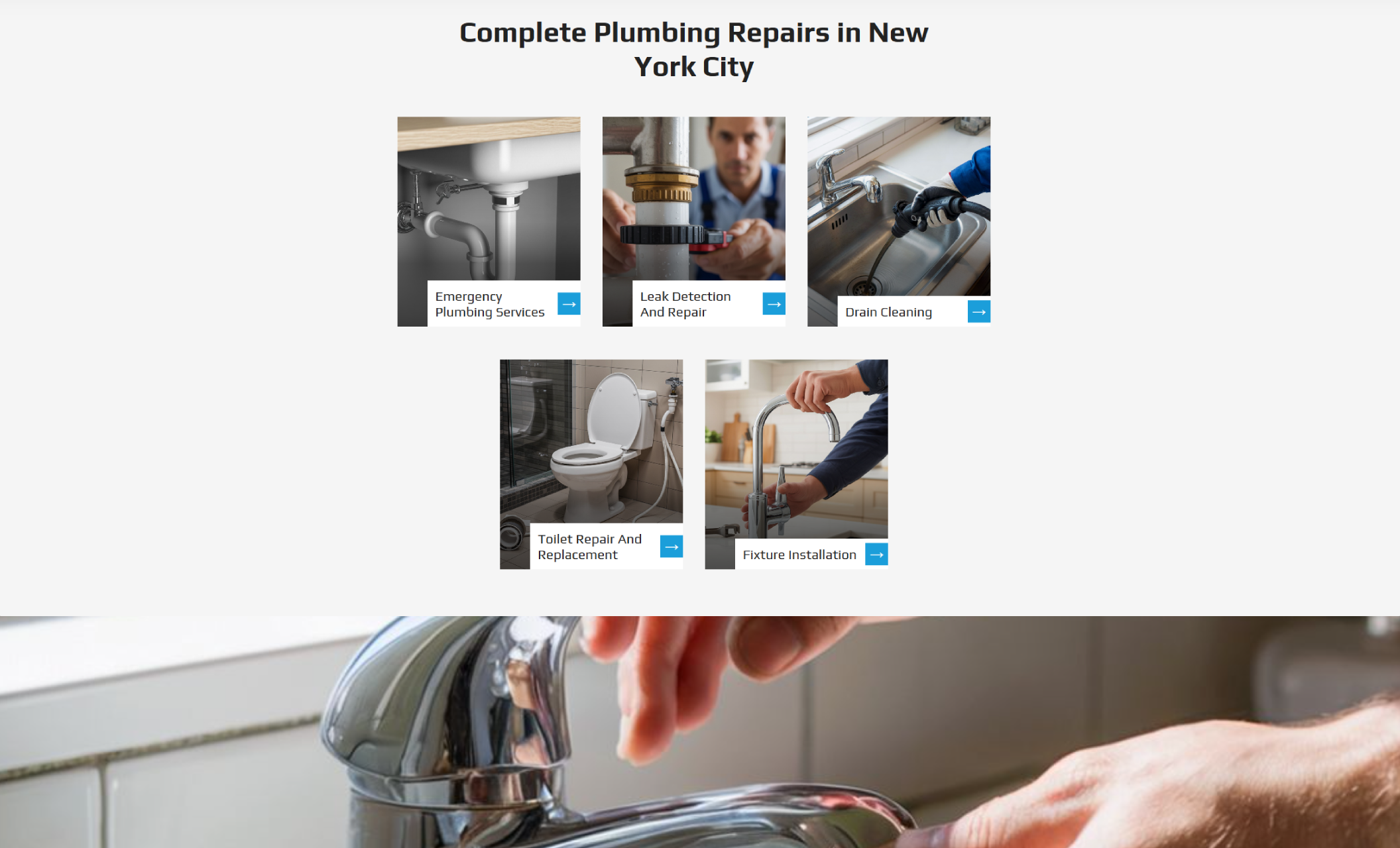 Riley Plumbing Solutions services section titled “Complete Plumbing Repairs in New York City,” displaying image cards for Emergency Plumbing Services, Leak Detection and Repair, Drain Cleaning, Toilet Repair and Replacement, and Fixture Installation