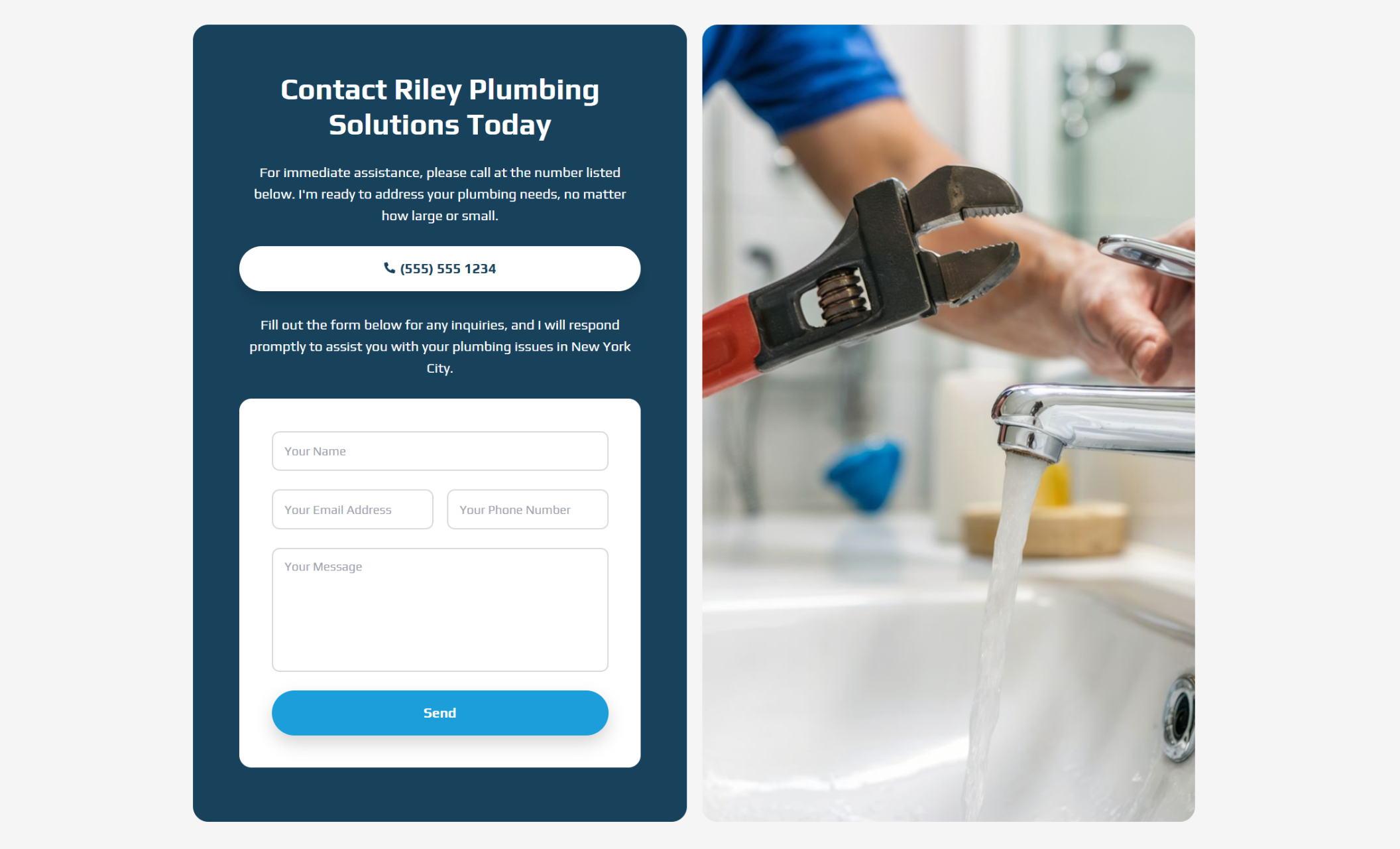 Riley Plumbing Solutions contact section featuring a large wrench and running faucet image beside a blue contact panel with phone number, inquiry form, and “Send” button for New York City plumbing services