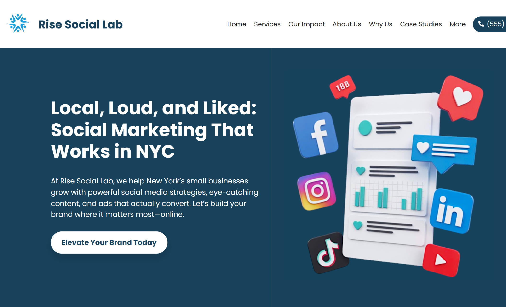 Homepage of Rise Social Lab featuring the headline “Local, Loud, and Liked: Social Marketing That Works in NYC” on a navy background with 3D icons of Facebook, Instagram, TikTok, LinkedIn, and YouTube beside a call-to-action button that says “Elevate Your Brand Today.”