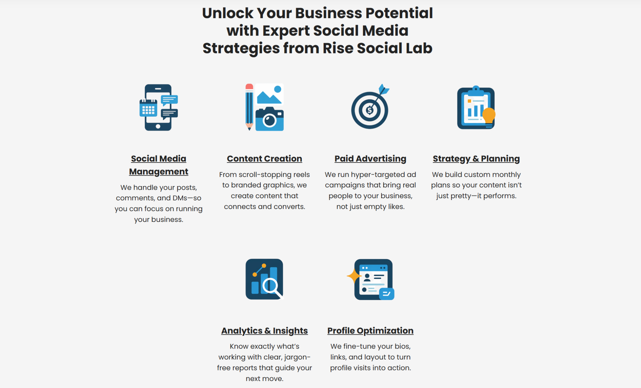 A section showcasing Rise Social Lab’s services with icons and bold titles like “Social Media Management,” “Content Creation,” “Paid Advertising,” and more, alongside short descriptions of how each service helps grow small businesses