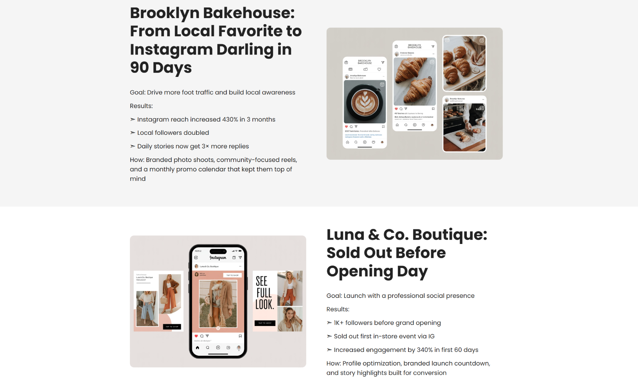 Case study graphics for Brooklyn Bakehouse and Luna & Co. Boutique with Instagram posts and stats like “430% increase in reach” and “Sold Out Before Opening Day,” emphasizing the agency’s impact through visual content