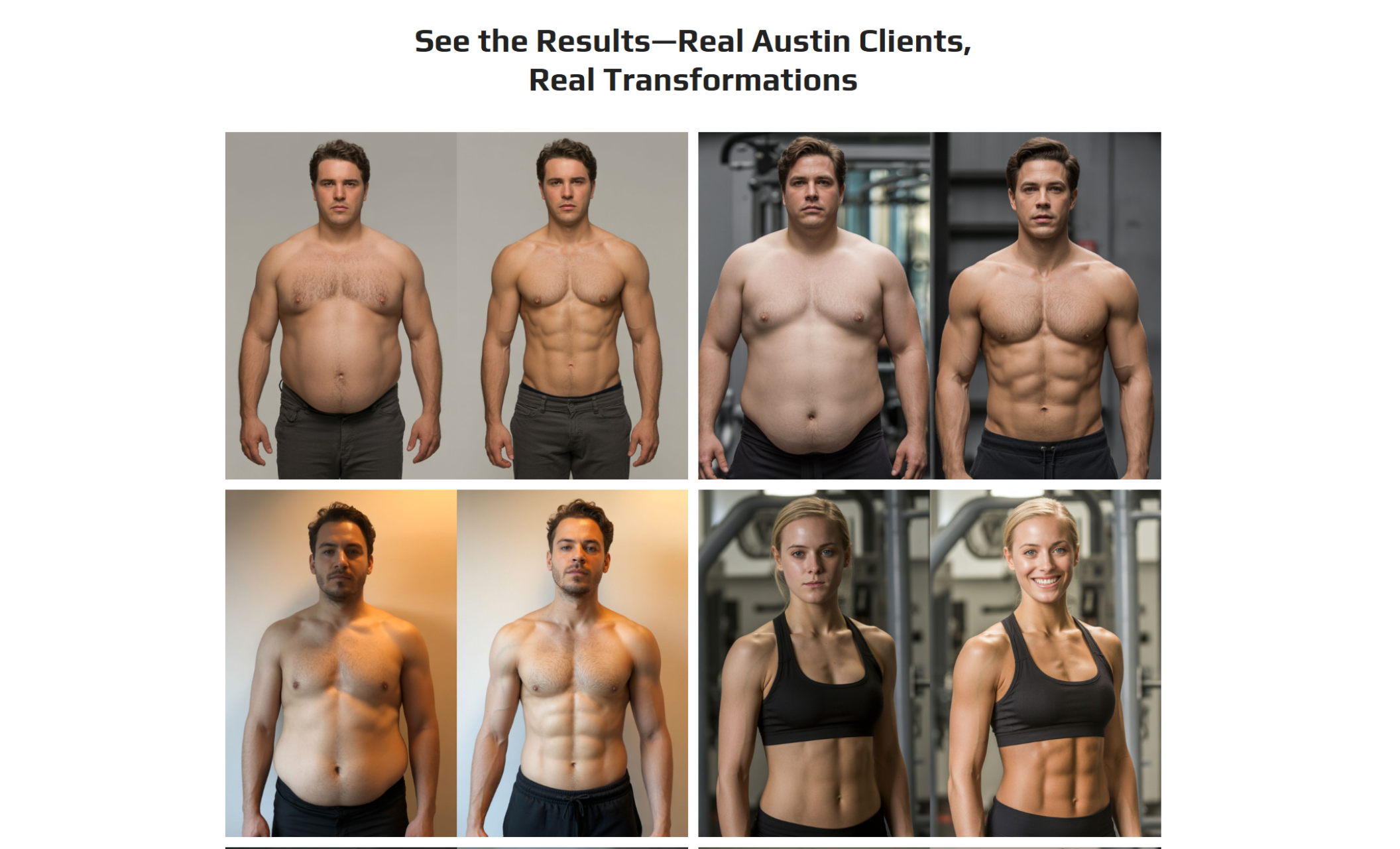 Client transformation gallery from the RiseFit Training website displaying before-and-after photos of four Austin clients, showing visible muscle gain and improved physiques under the heading “See the Results—Real Austin Clients, Real Transformations.”